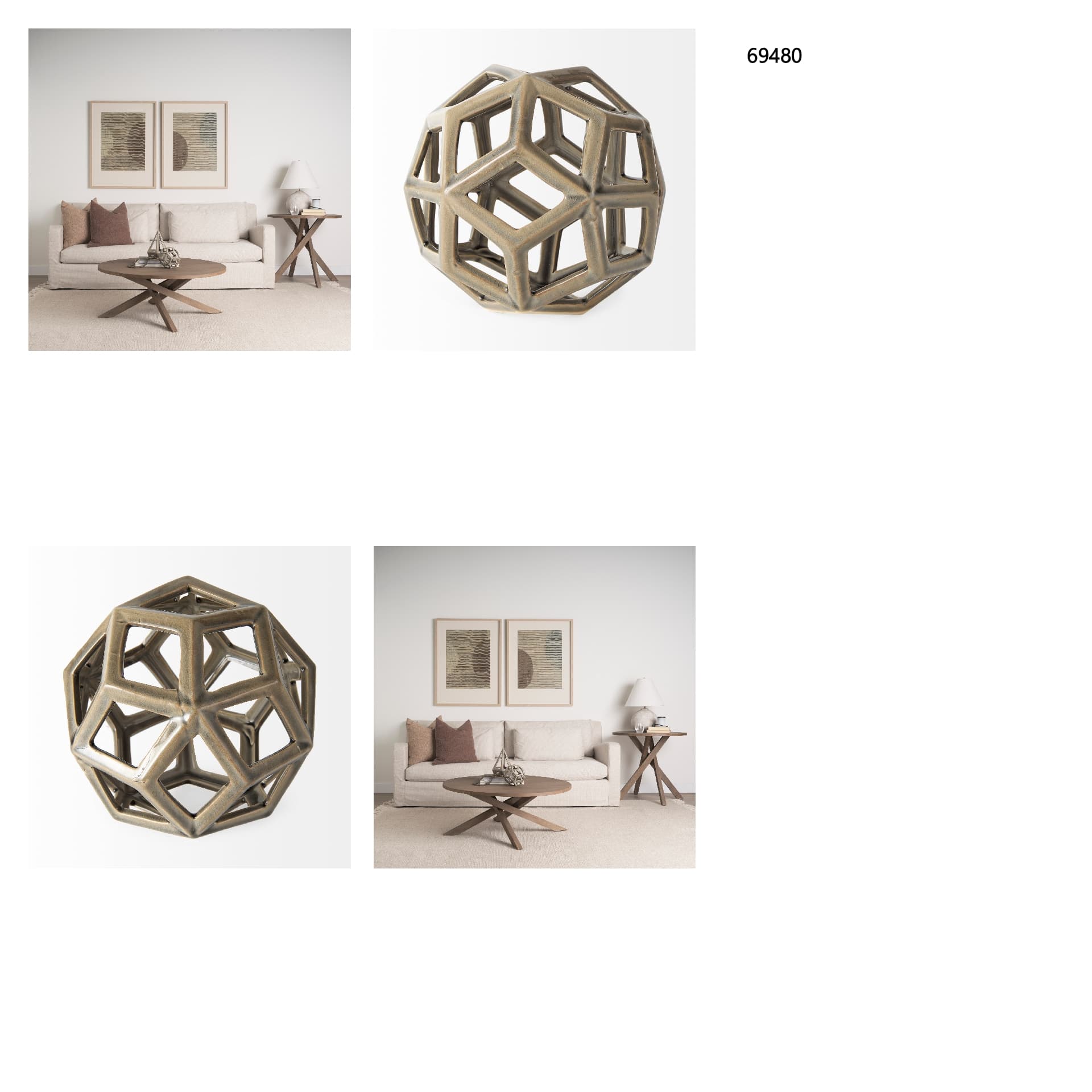 Geom 7.1L x 7.1W x 7.1H Tan Ceramic Geometric Object — in a styled room
