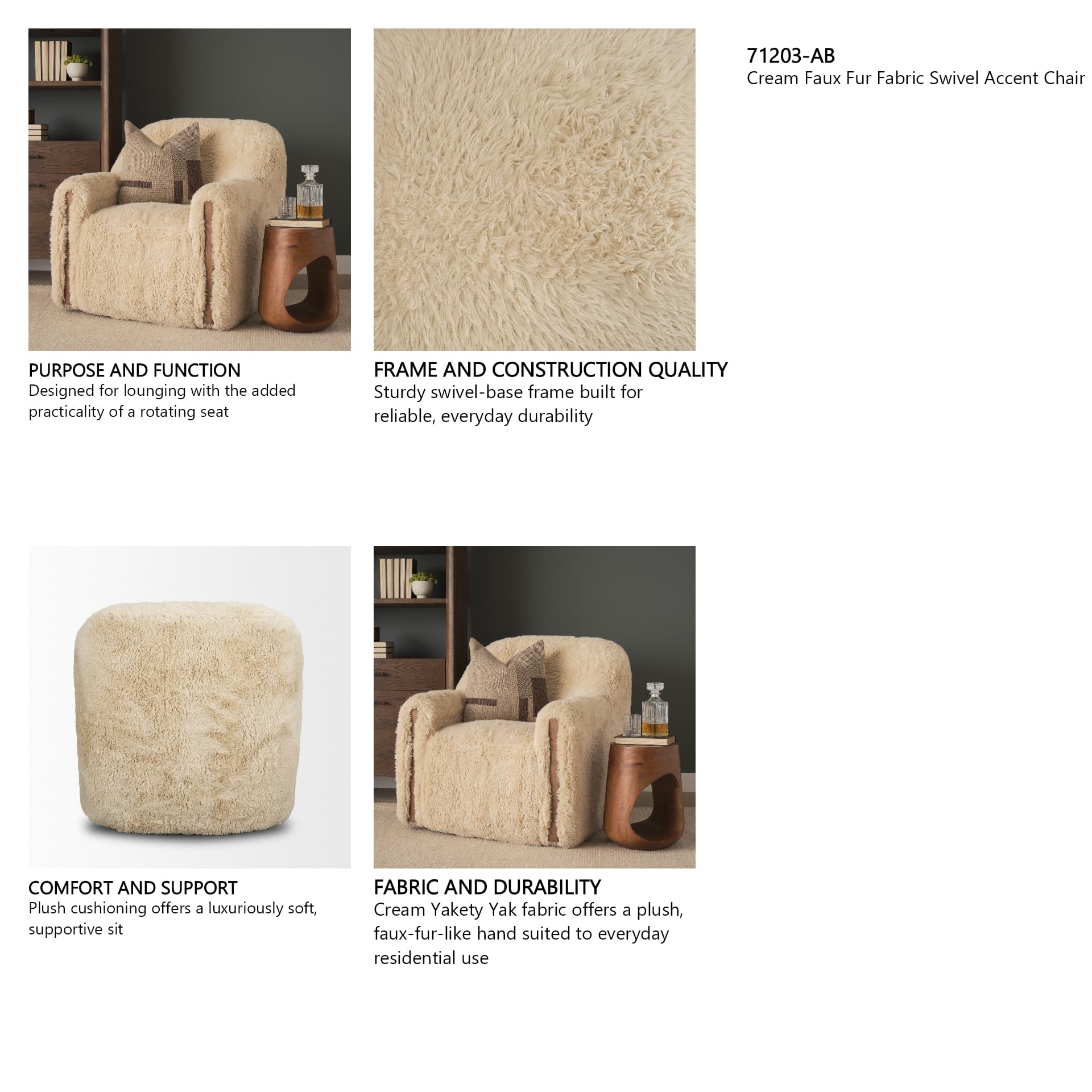 Huntley Cream Faux Fur Fabric Swivel Accent Chair — in a styled room