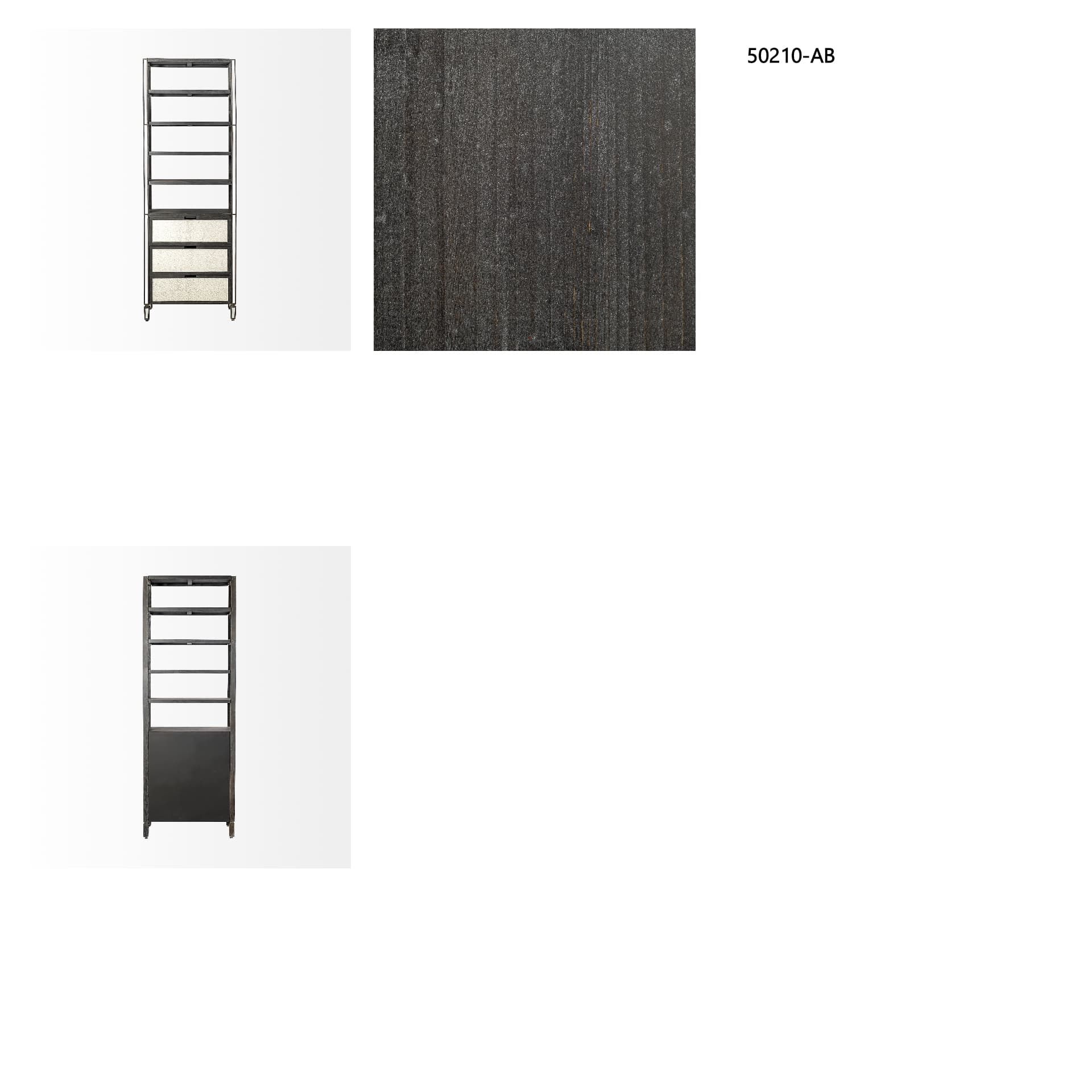 Sunnyvale 32L x 18W x 90H Dark Brown Solid Wood and Mirrored Glass Four Shelf Shelving Unit — in a styled room