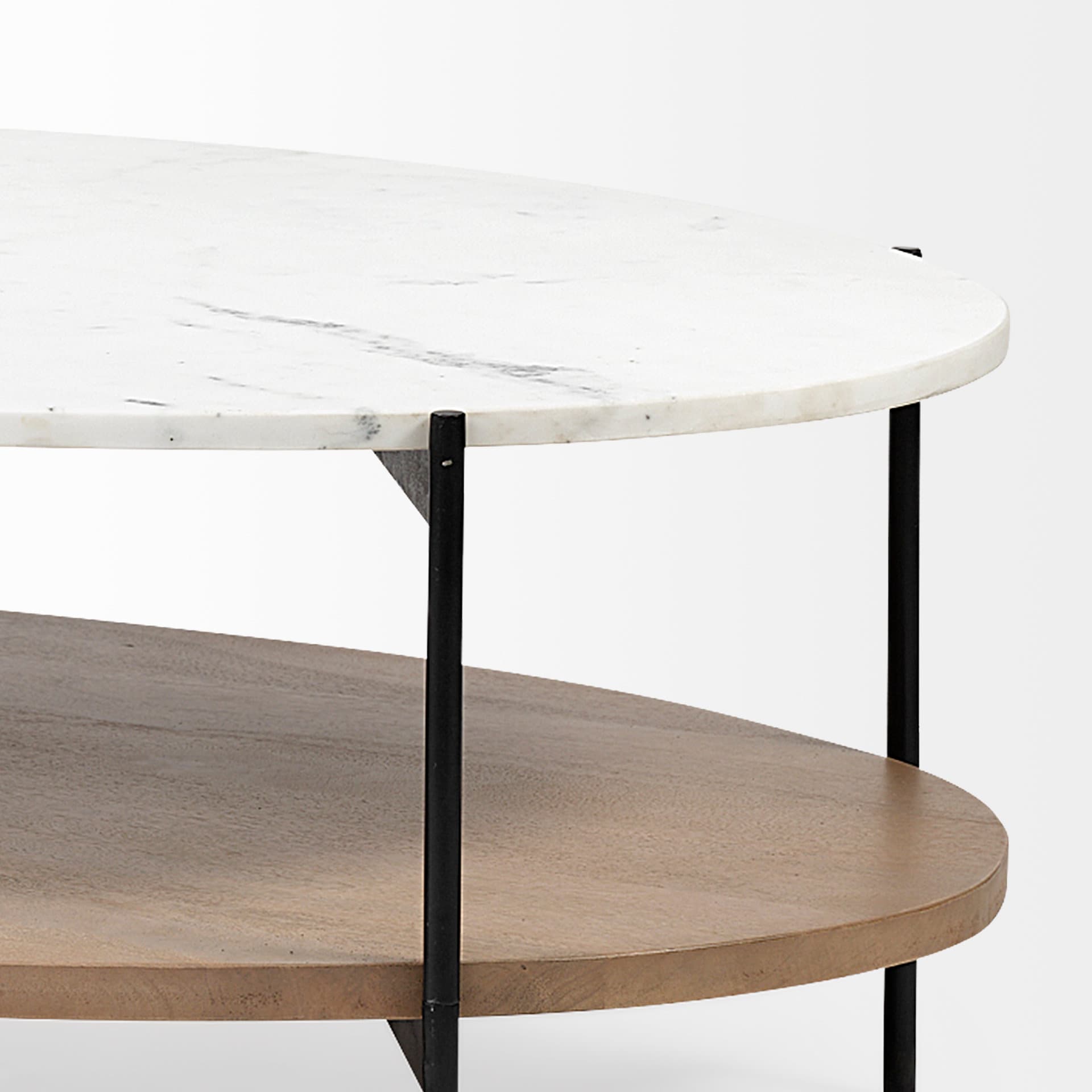 Larkin 48" Oval White Marble Top and Solid Wood Shelf w/ Black Metal Frame Coffee Table — product photograph