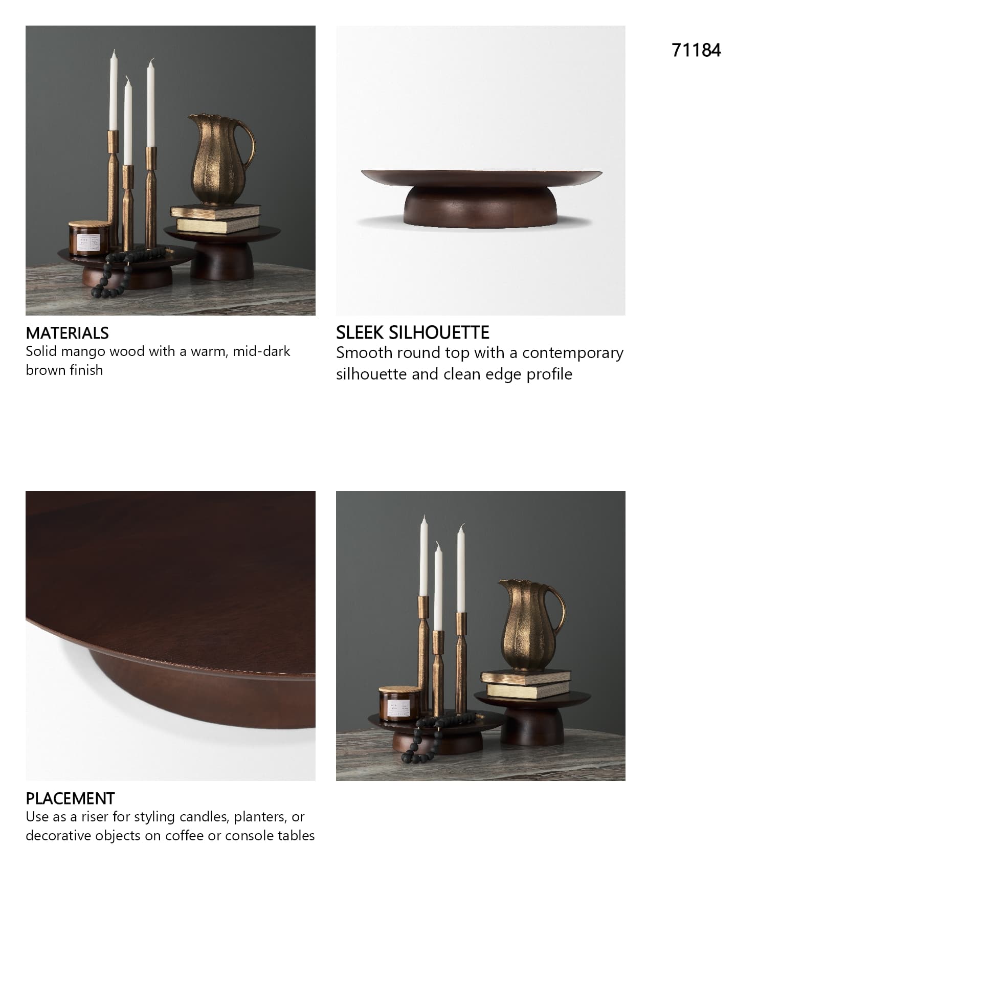 Sadira Large Mid-Dark Brown Solid Wood Round Riser — in a styled room