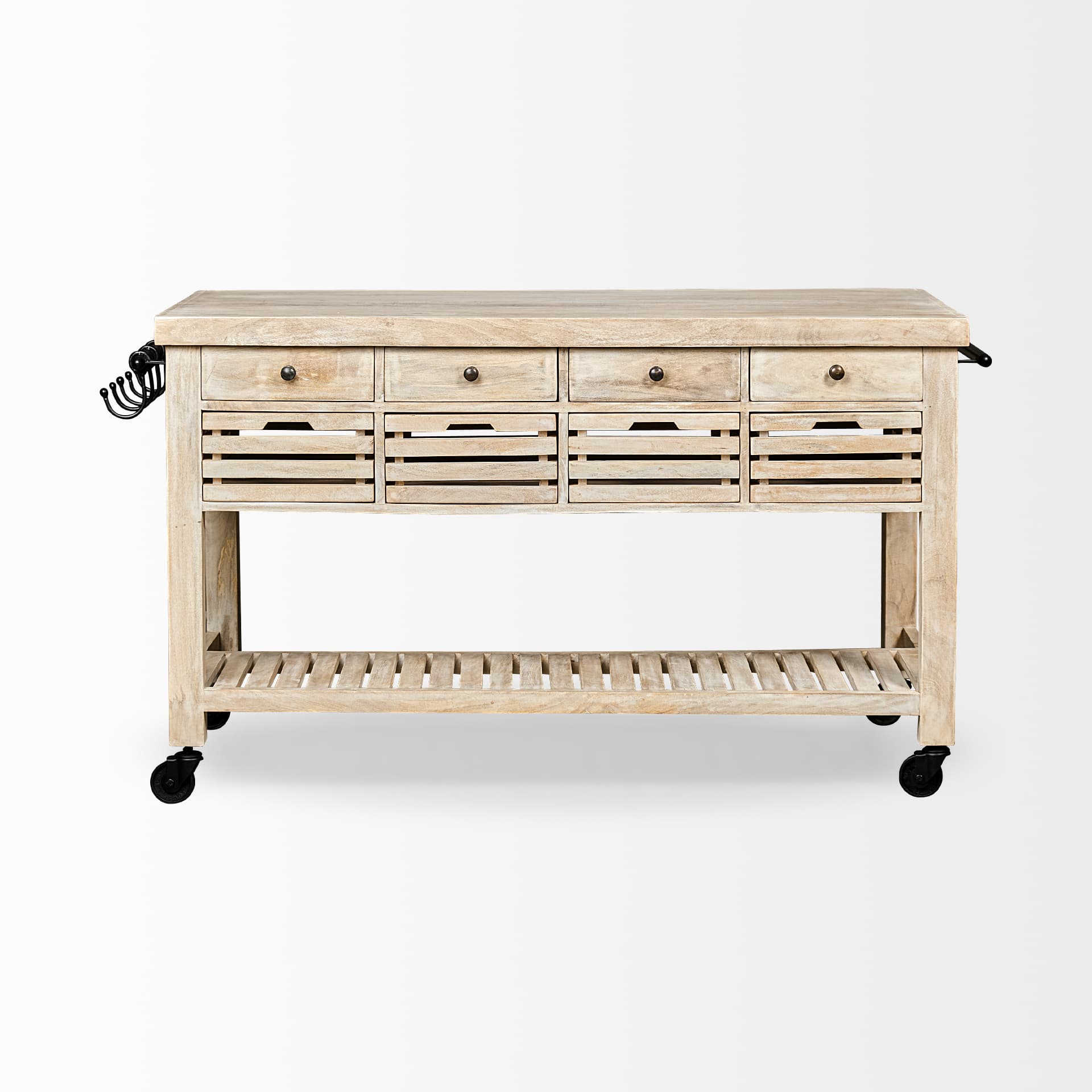 Columbia 62L x 28W x 36H I Light Brown Body w/ Black Iron Knobs Rolling Kitchen Island — product photograph