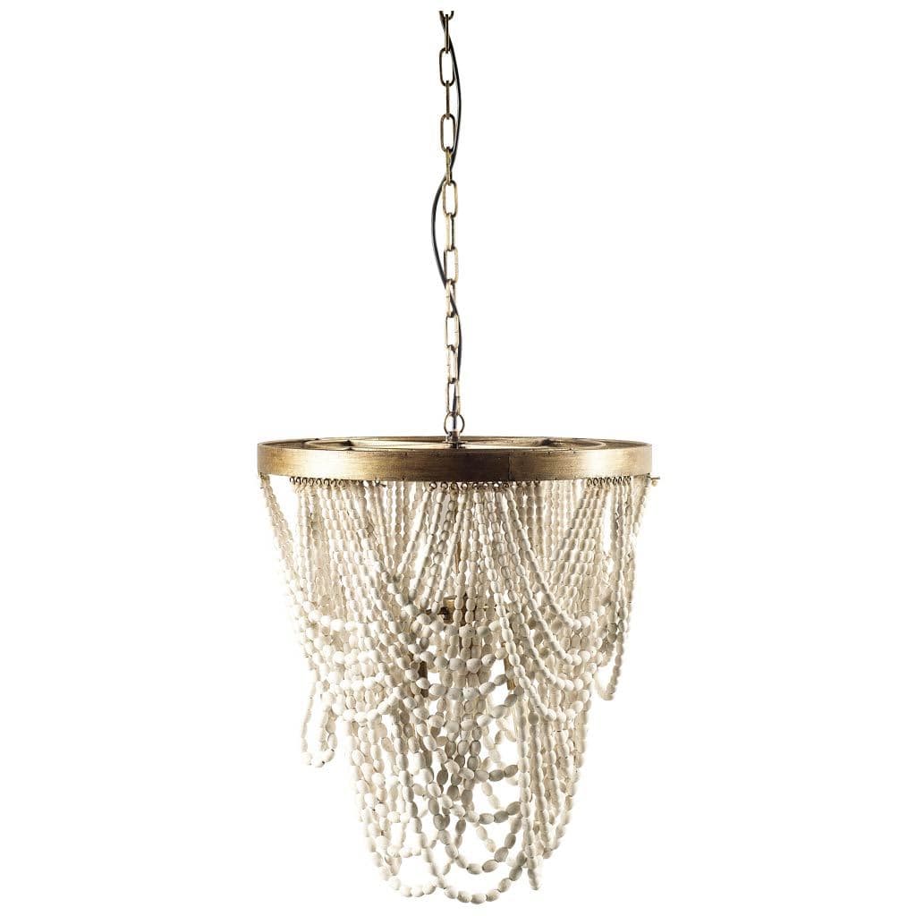 Pendra (26"x23") Gold Metal Whitewashed Wooden Bead Three Bulb Chandelier — product photograph