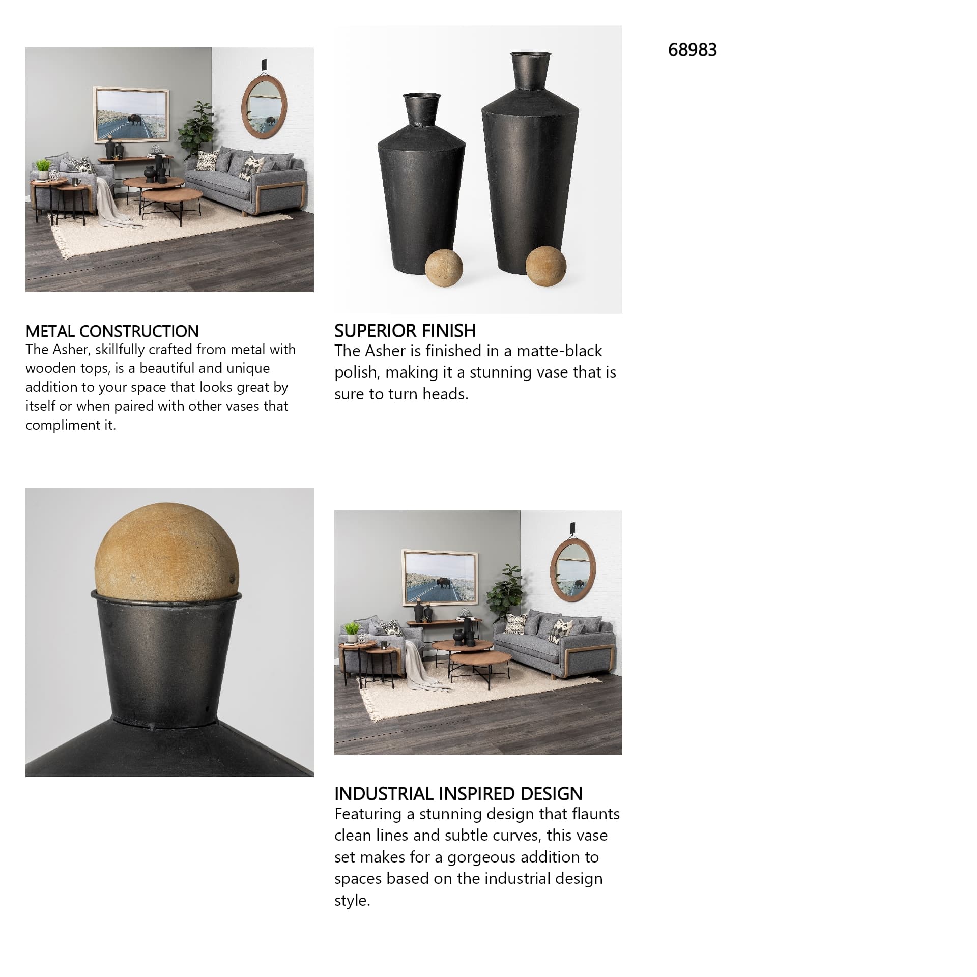 Asher Set of Two Black Metal Urns — in a styled room