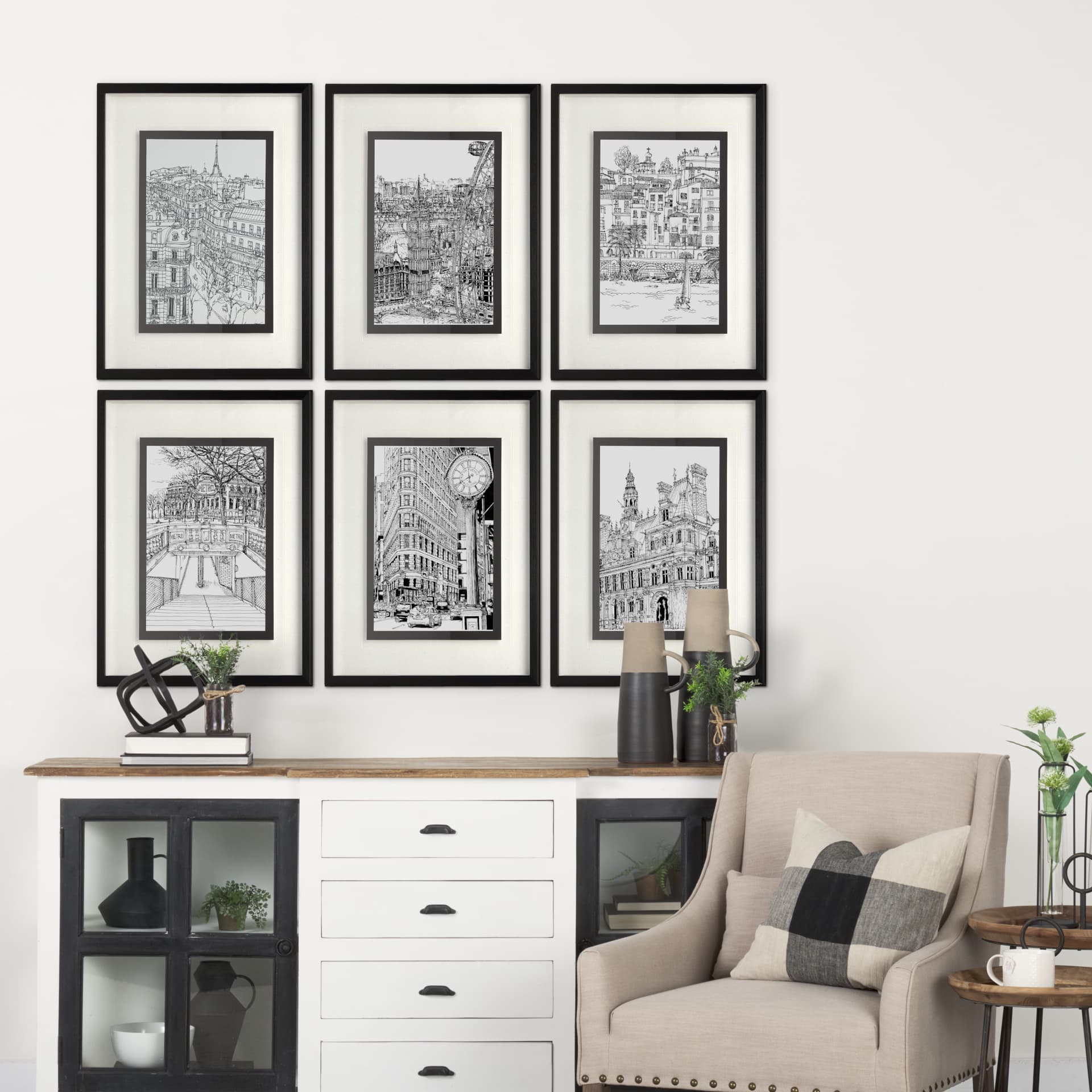 B&W City Scene VI by Melissa Wang a Hand Embellished Textured Framed Art Print Matted under Glass — in a styled room
