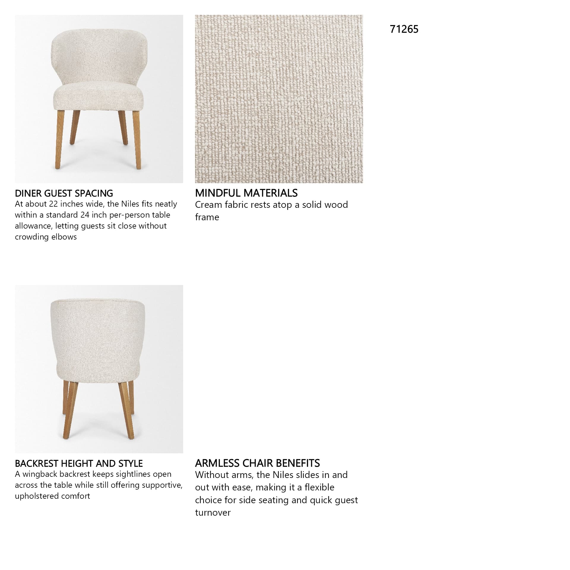 Niles Wingback Dining Side Chair | Cream Fabric w/ Med Brown Wooden — in a styled room