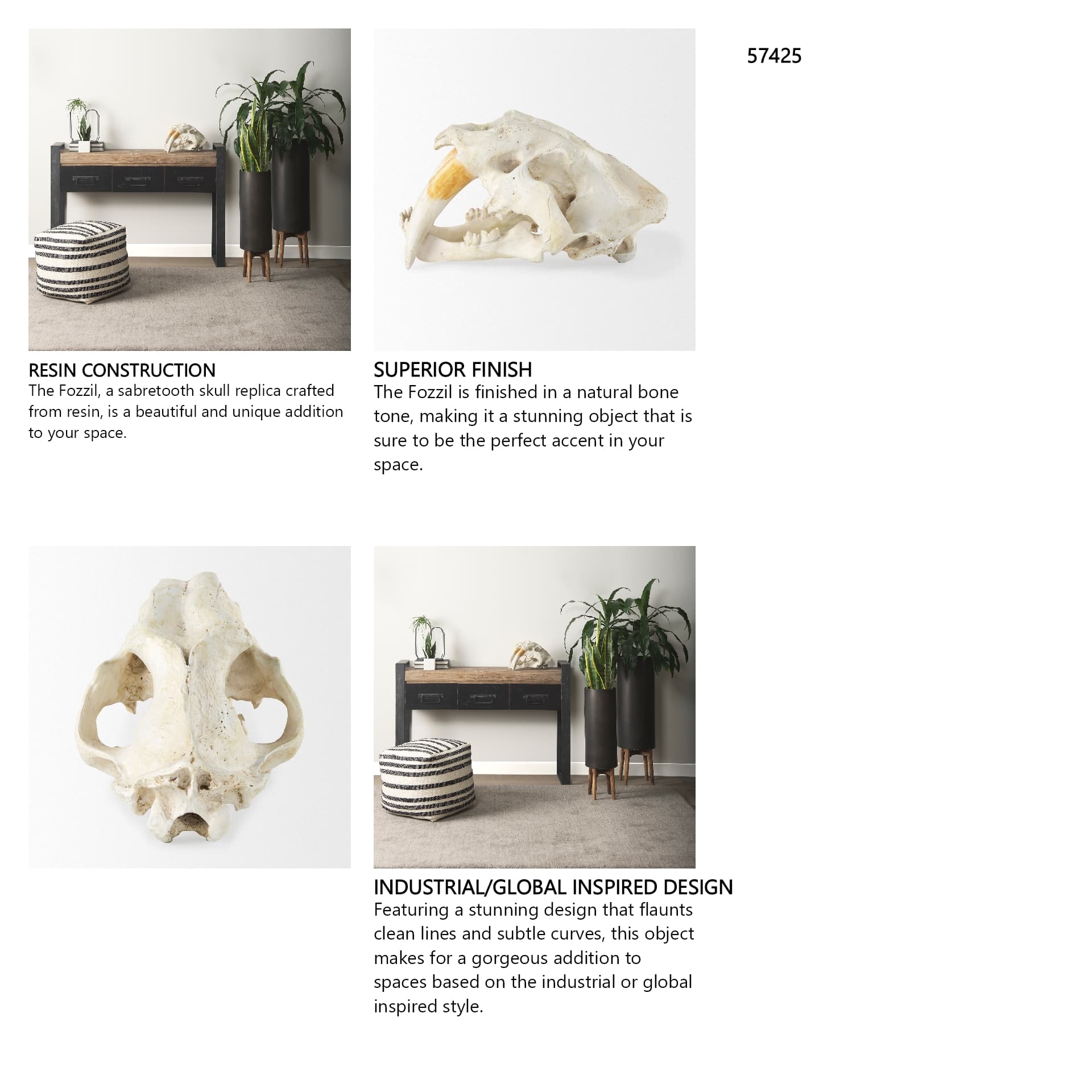 Fozzil 9L x 9W Resin Sabretooth Skull Replica — in a styled room