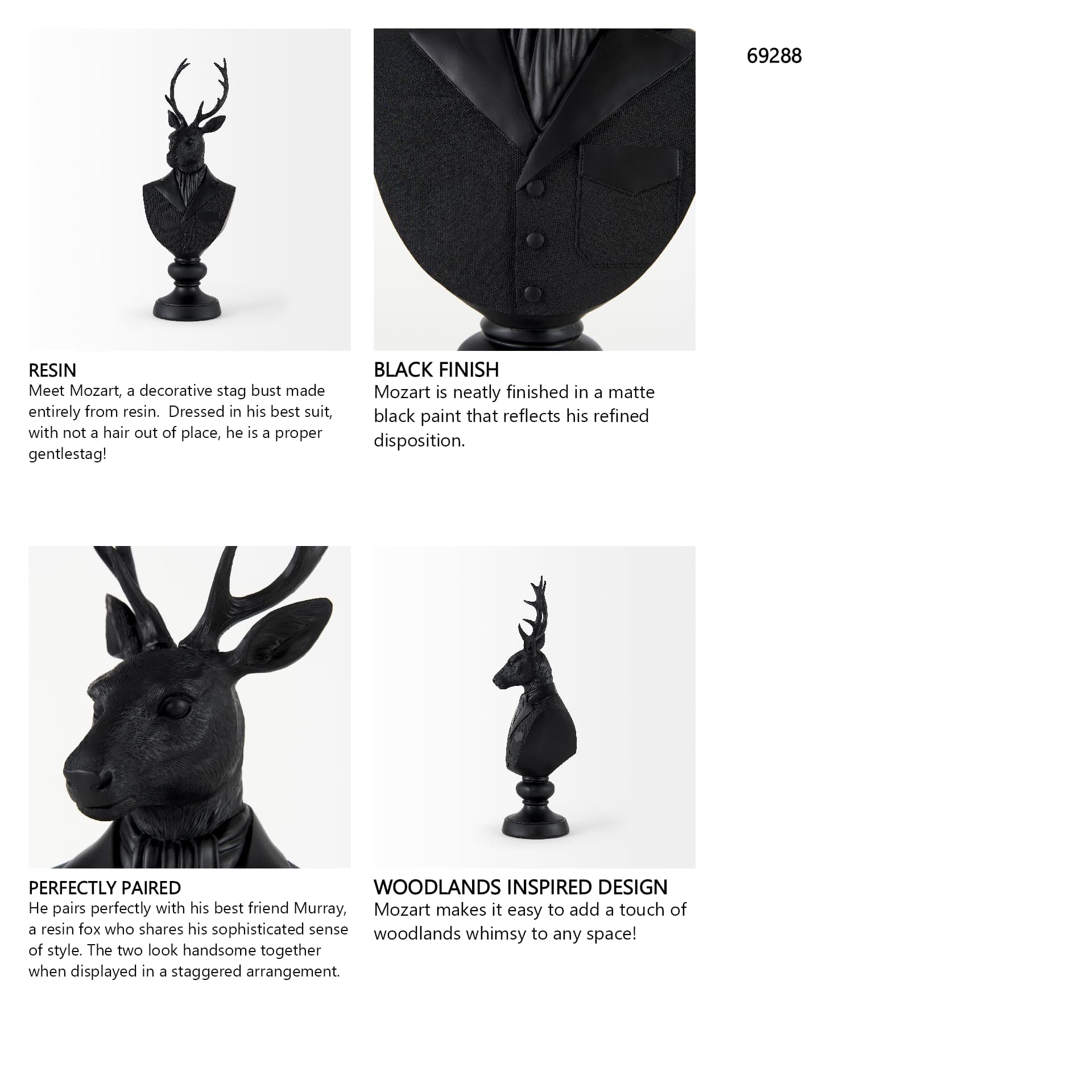 Mozart 22.5H Black Painted Resin Deer In A Suit Bust — in a styled room