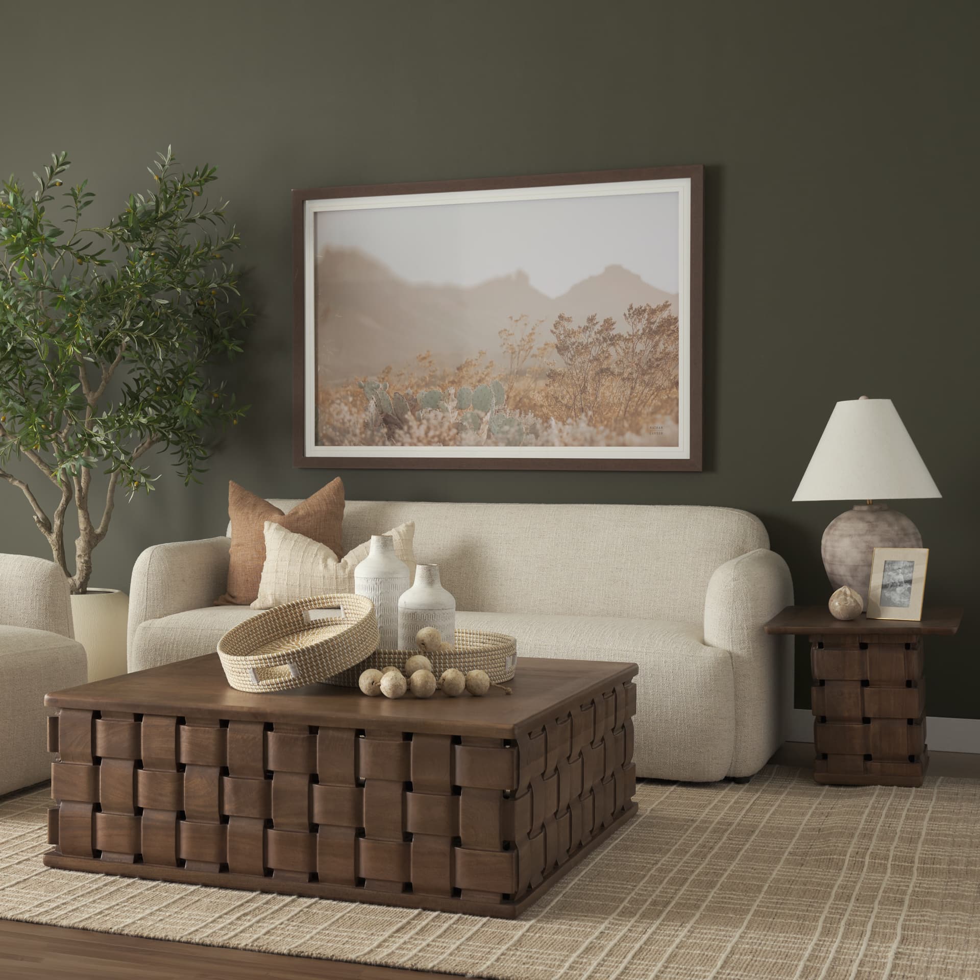 Trellyn 48" Dark Brown Wood w/ Carved Woven Base Square Coffee Table — in a styled room