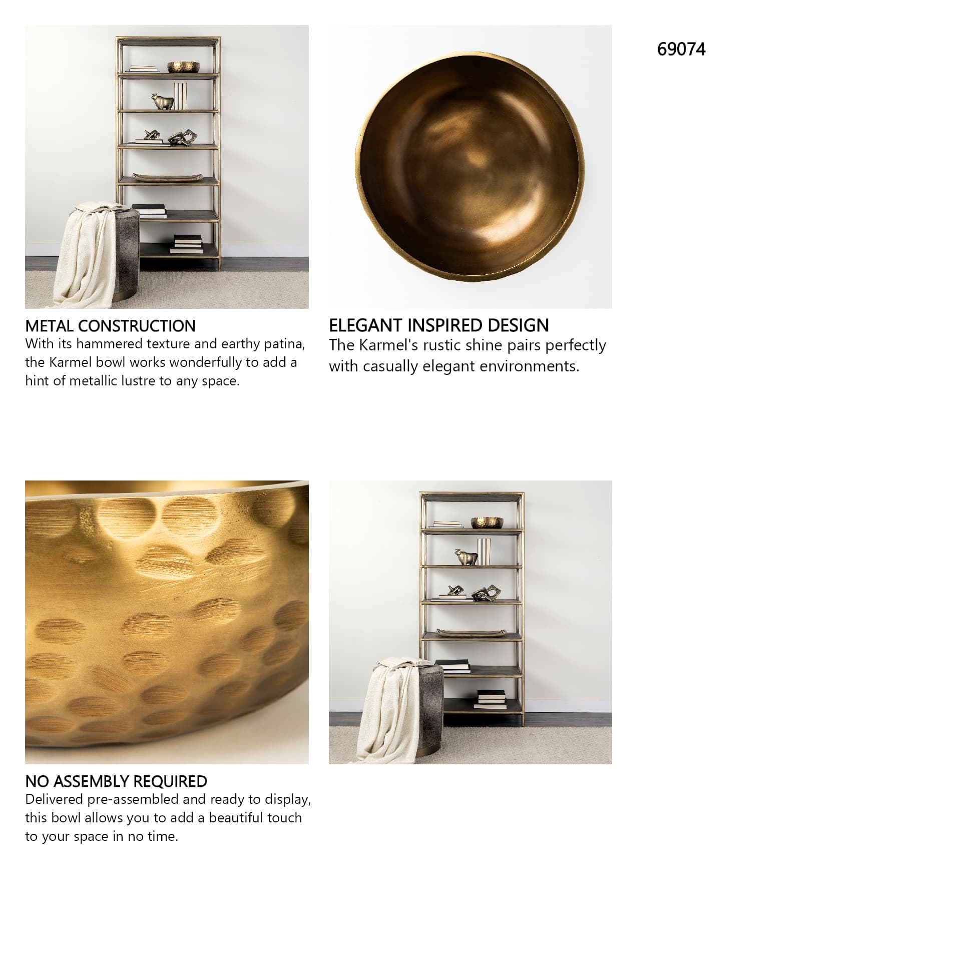 Karmel 12L x 12W Gold Hammered Aluminum Bowl — in a styled room