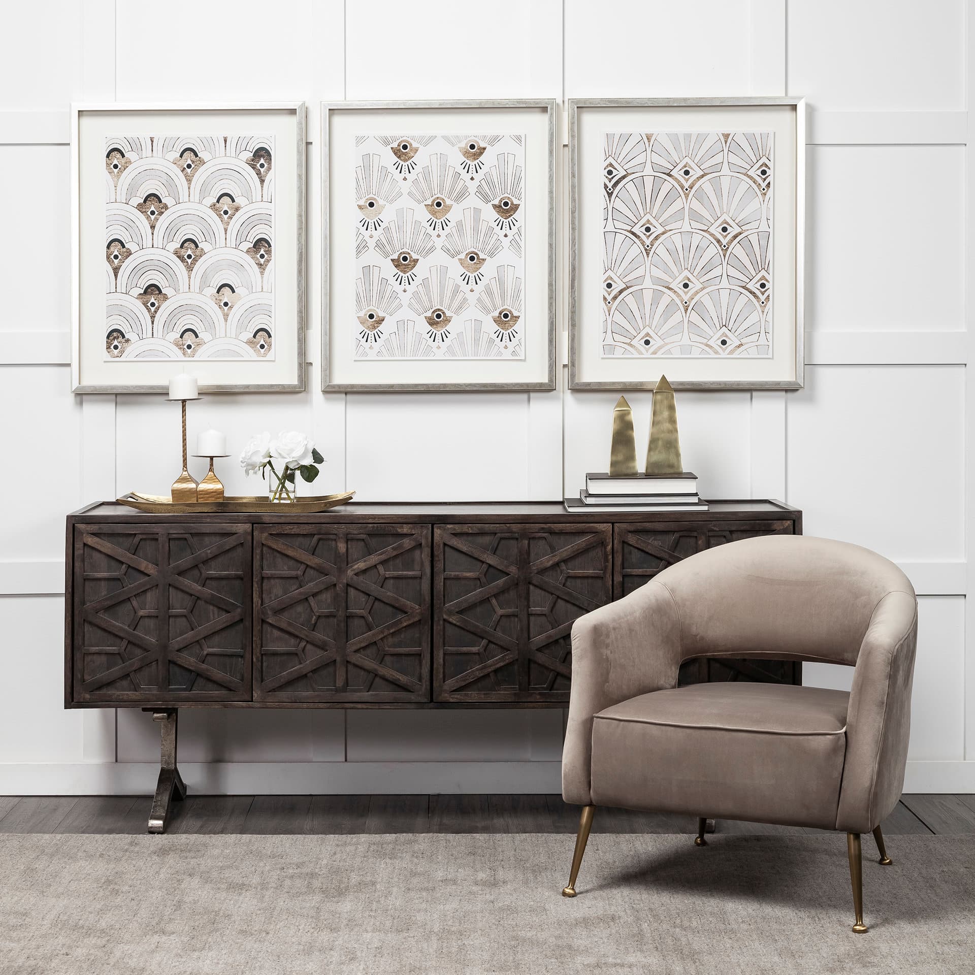 Giza (Set of 2) 4L x 4W Gold Elongated Pyramids — in a styled room