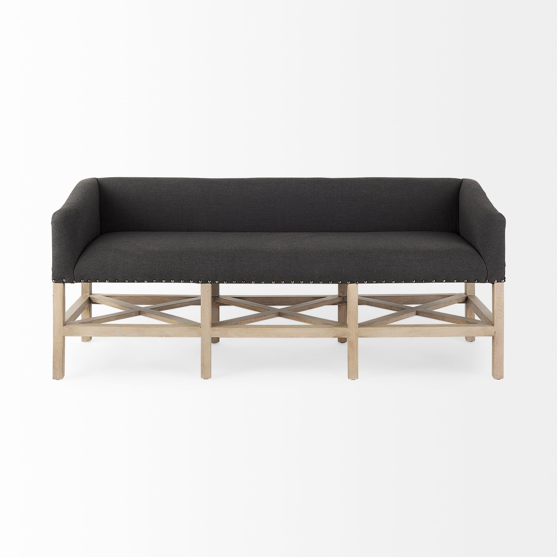 Bergen 60.0L x 19.0W x 25.5H Dark Gray Fabric W/ Light Brown Wooden Base Accent Bench — product photograph