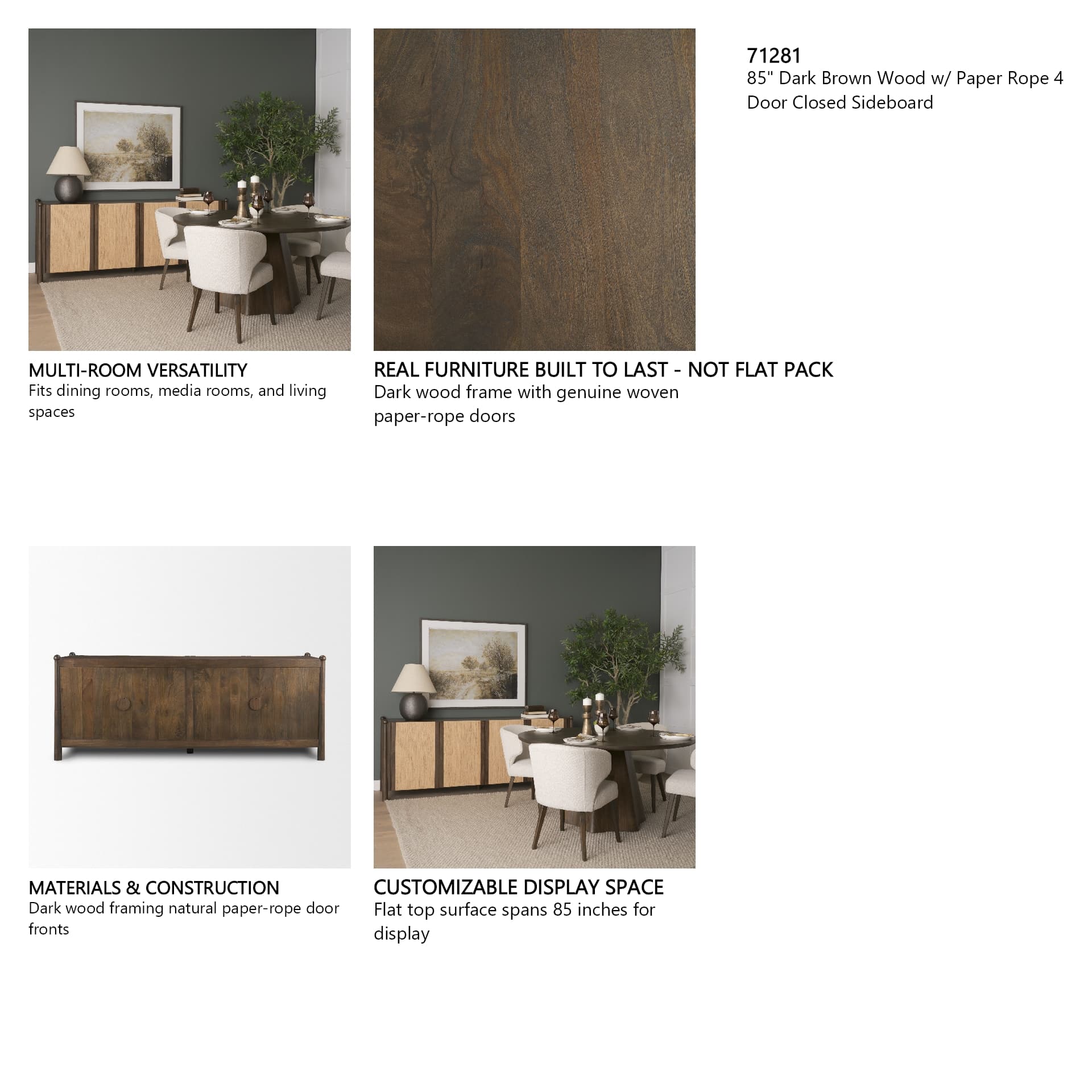 Bondi 85" Dark Brown Wood w/ Paper Rope 4 Door Closed Sideboard — in a styled room