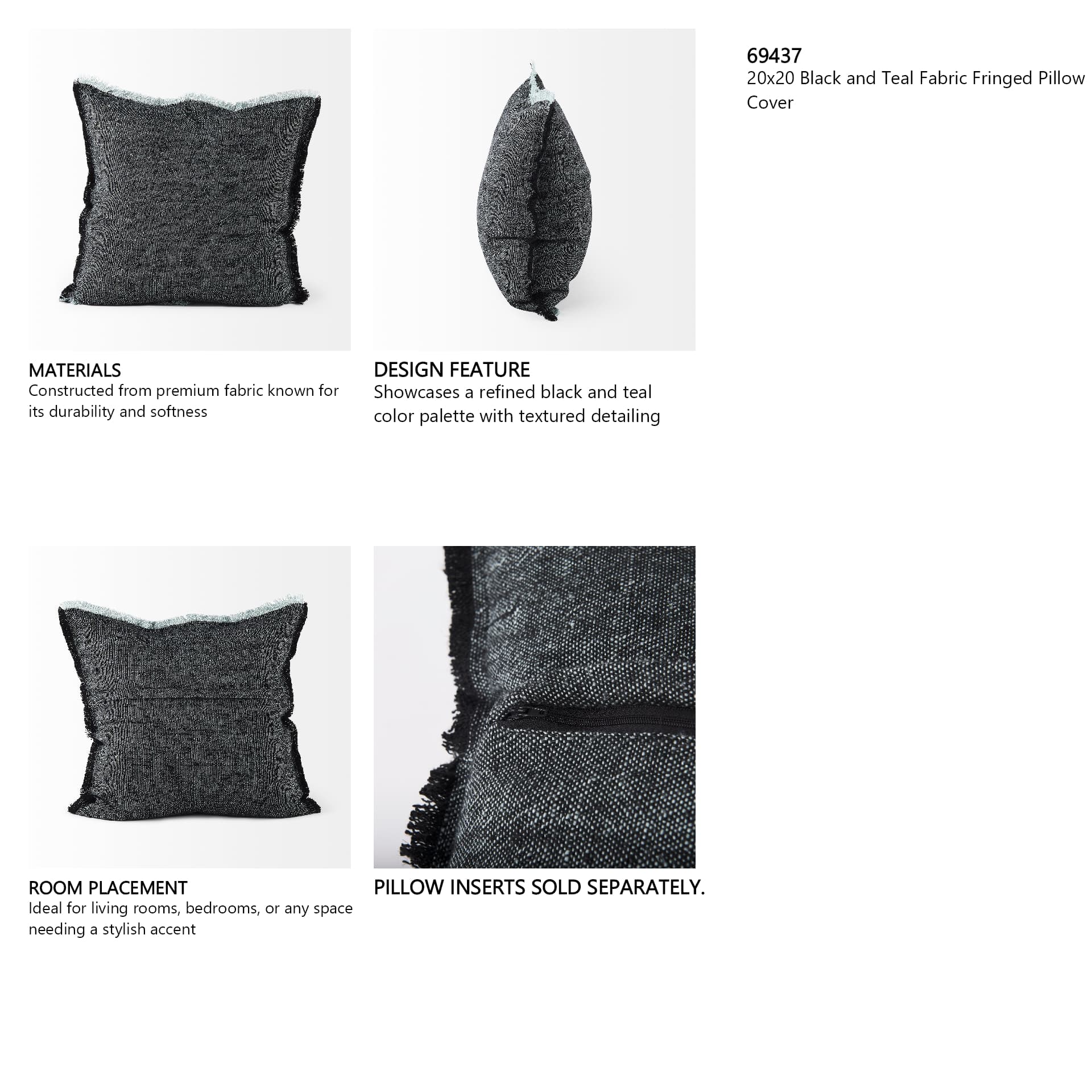 Malia 20x20 Black and Teal Fabric Fringed Pillow Cover — in a styled room