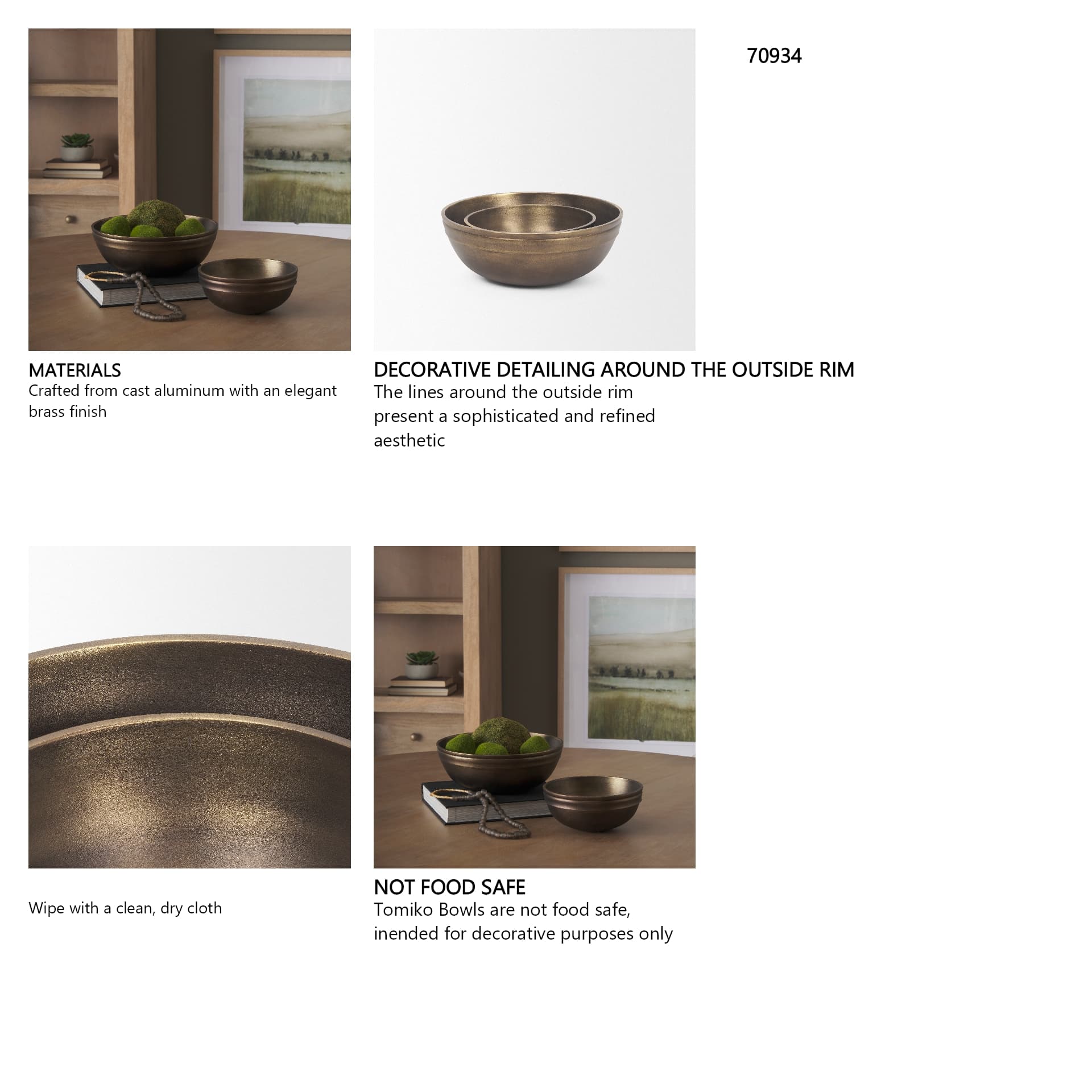 Tomiko Decorative Brass Finished Cast Aluminum Round Bowls — in a styled room
