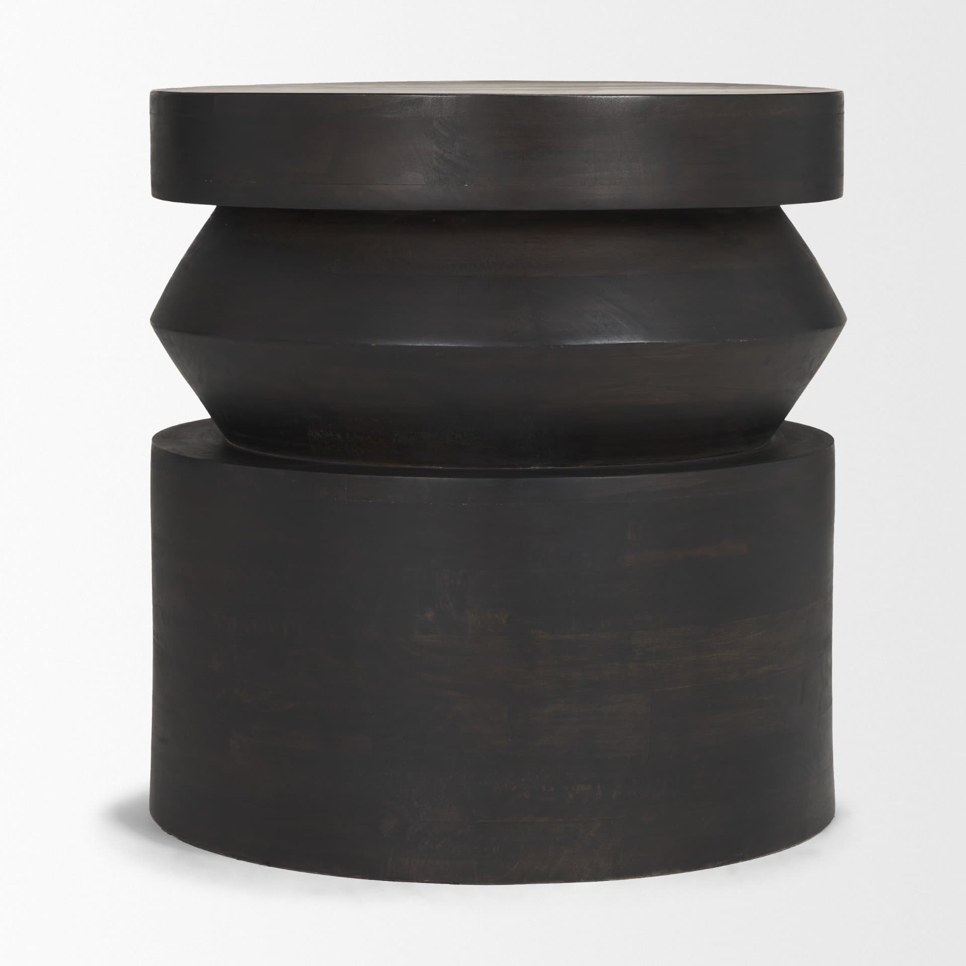 Rashama Dark Brown Wood Stacked Geometric Round Accent Table — product photograph