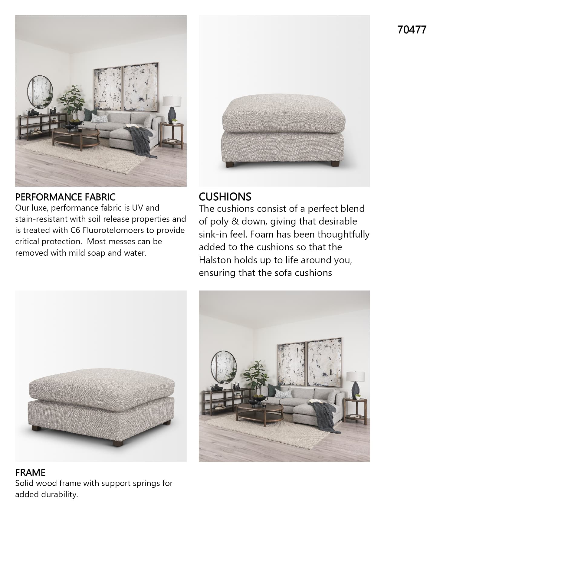 Halston Large Ottoman Light Gray Performance Fabric — in a styled room