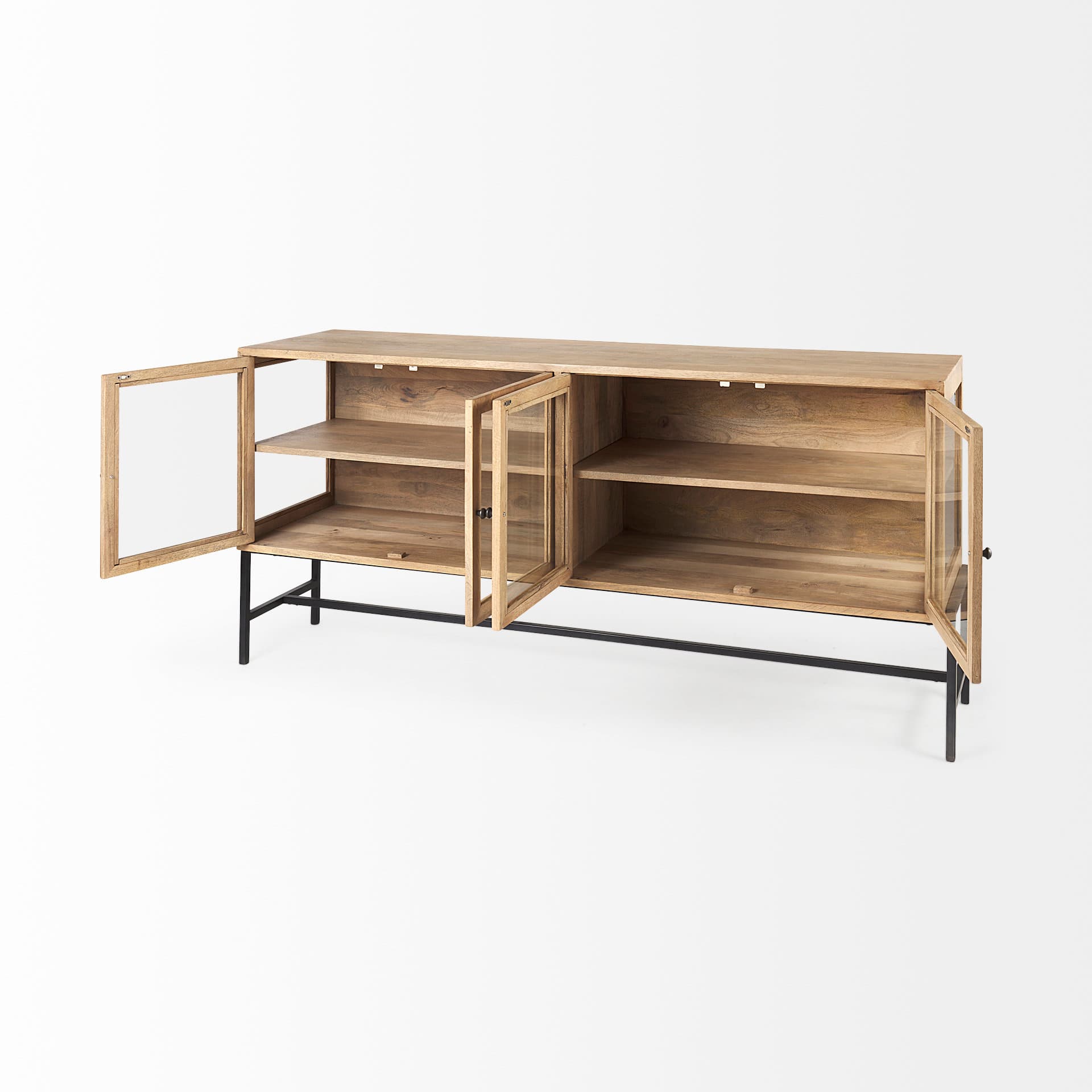 Arelius 70L x 18.75W x 32H Light Brown Wood, Black Metal Base w/ 4 Glass Cabinet Doors Sideboard — product photograph