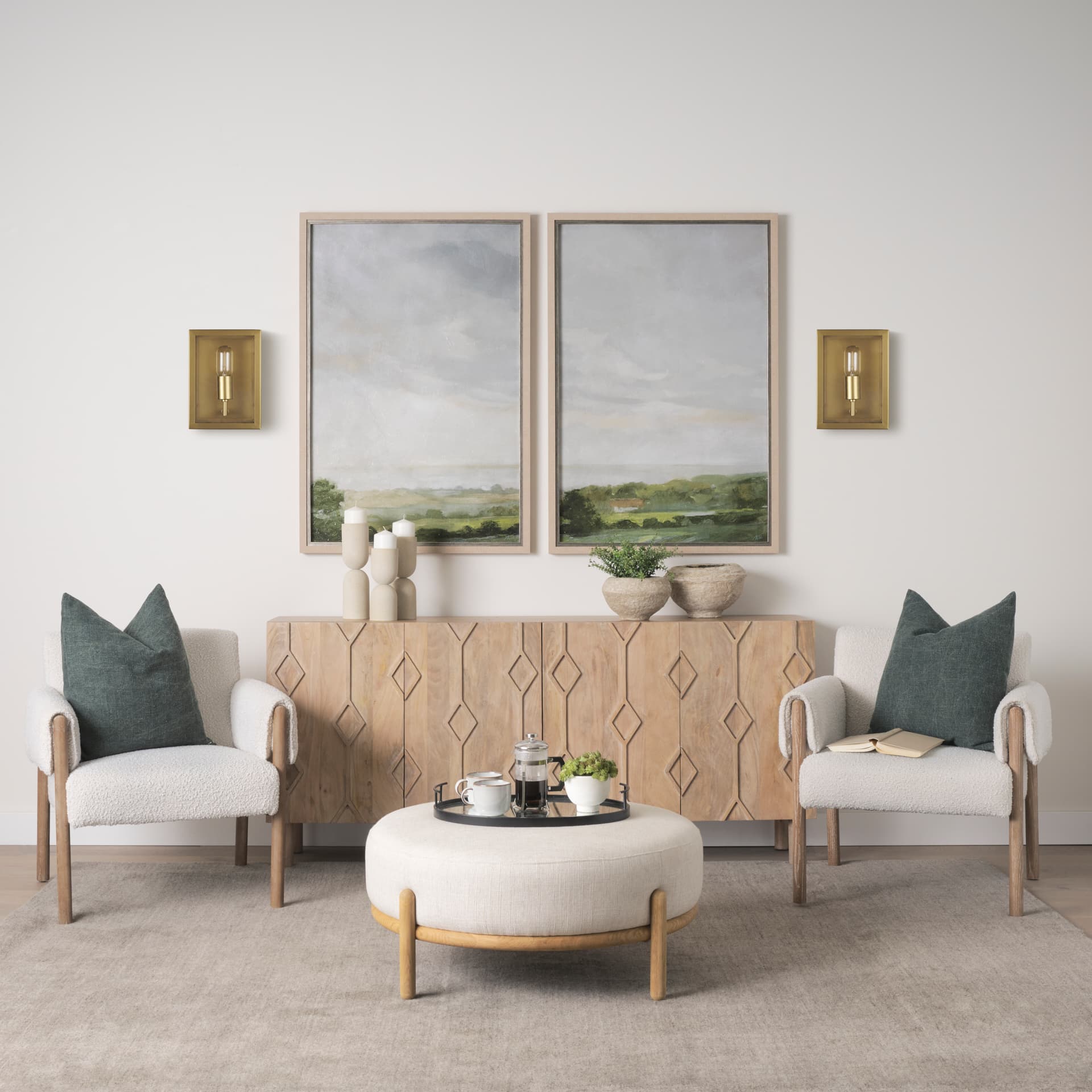 Cairn Brushed Gold Metal w/ Glass 1-Light Wall Sconce — in a styled room