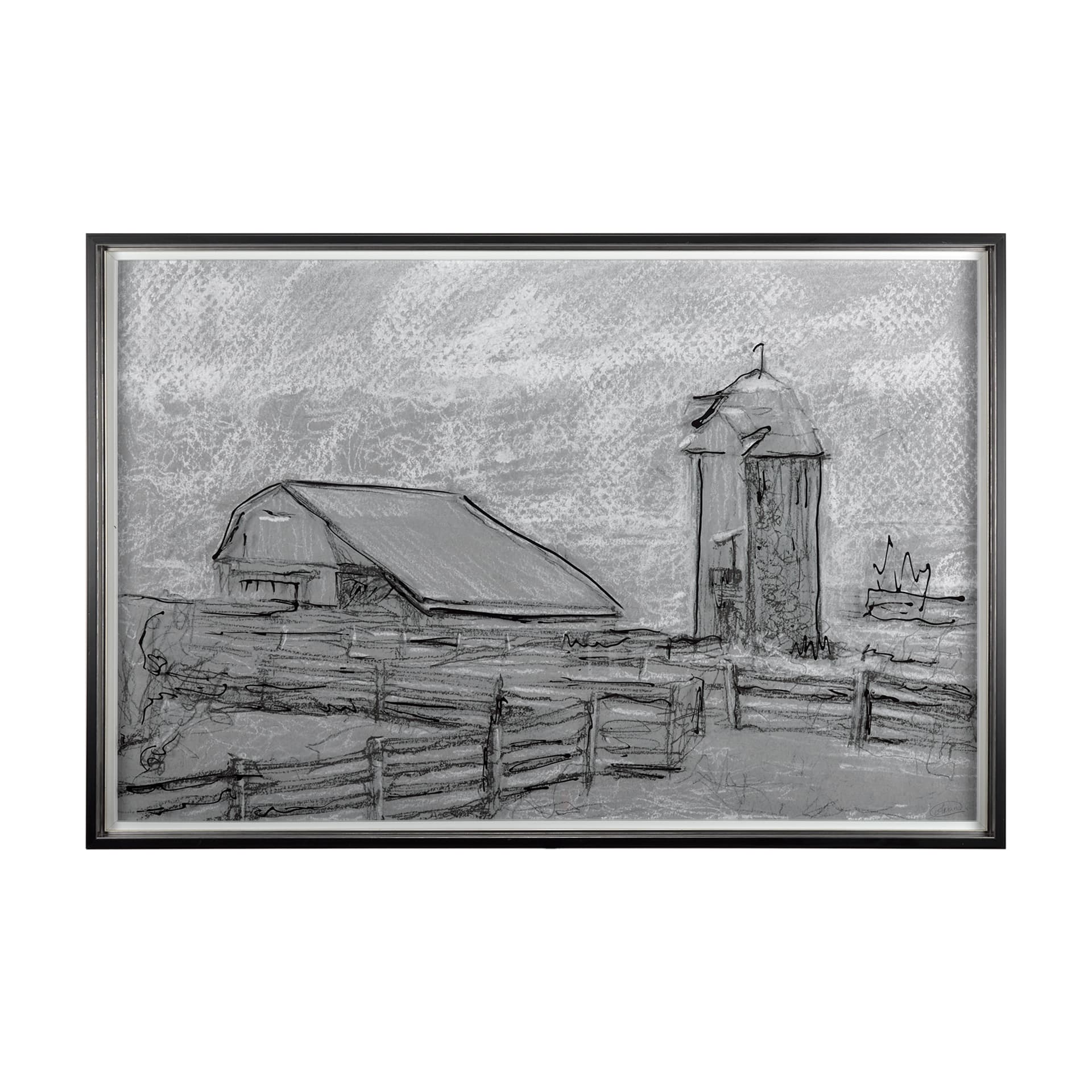 Farm view sketch II by Mercana Studio Hand Embellished Textured Framed Art Print Matted under Glass — product photograph