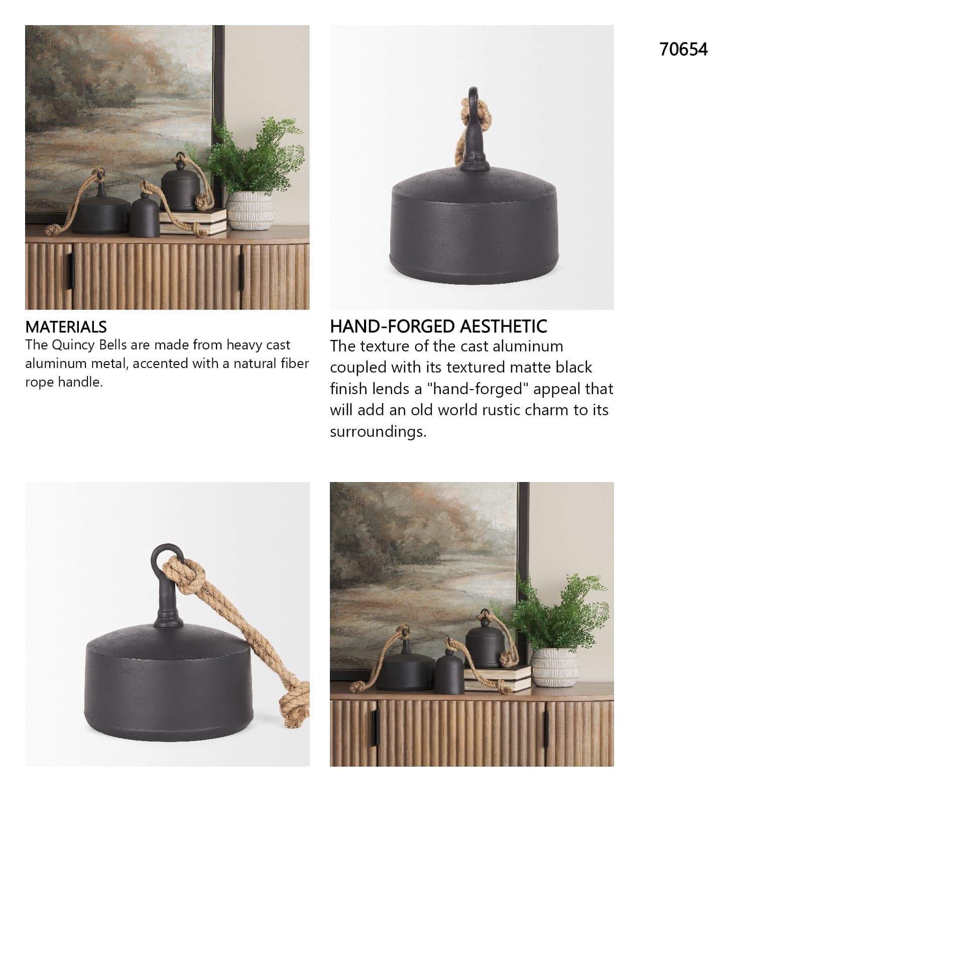 Quincy Large Matte Black Metal Decorative Bell Object — in a styled room