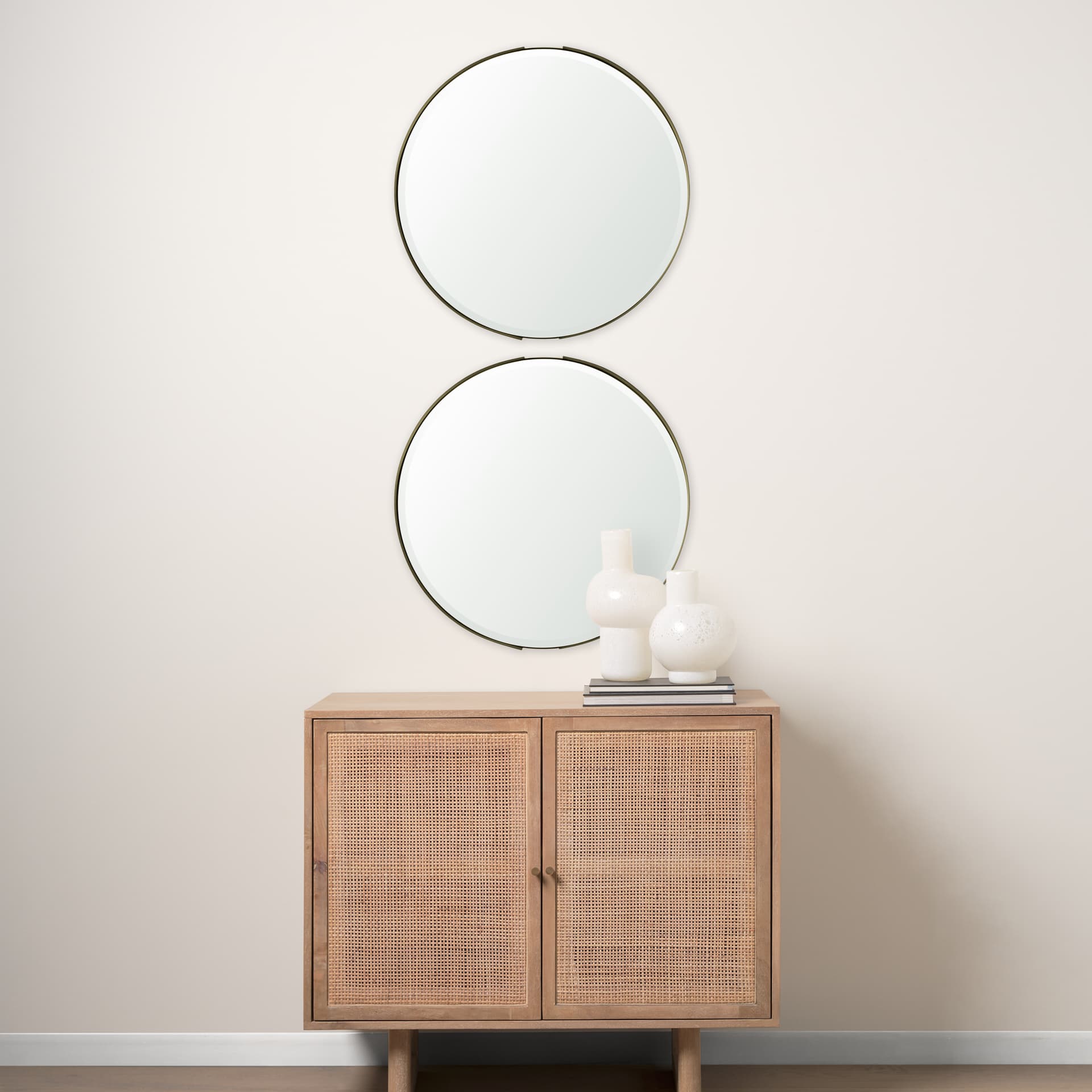 Adrianna 24.4" Gold Metal Round Mirror — in a styled room