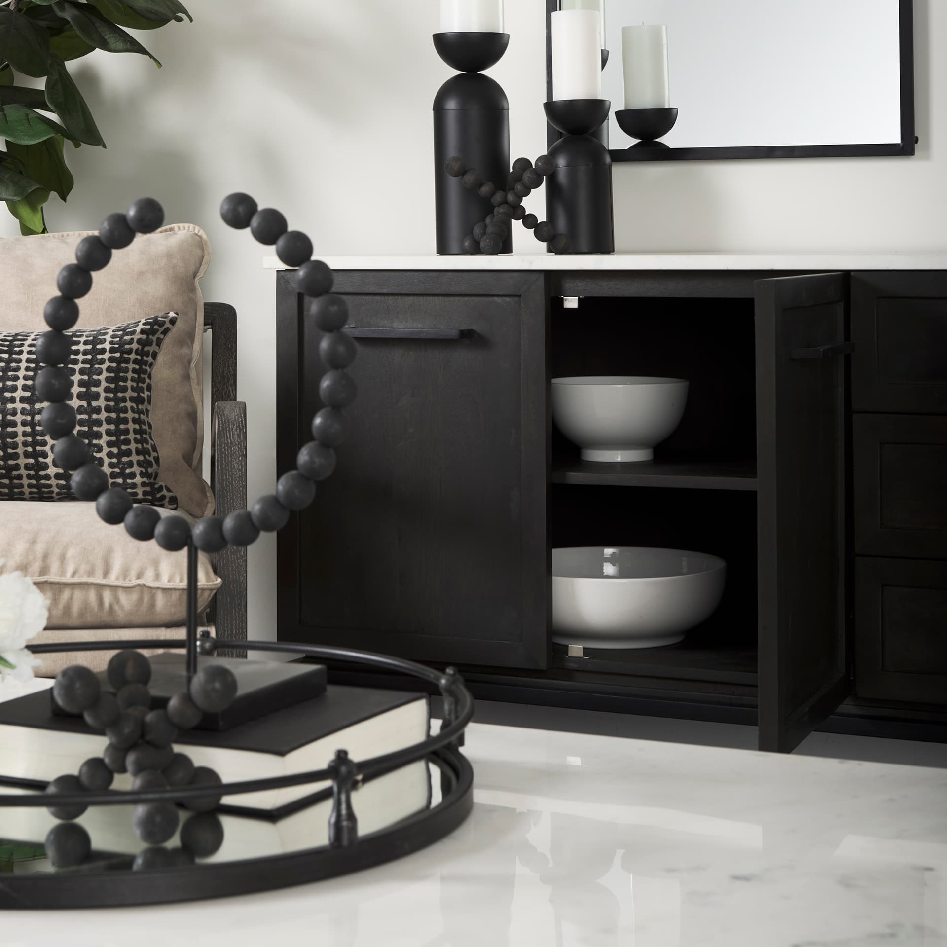 Divina Black-Brown Wood w/ White Marble Top and Black Metal Base Sideboard — product photograph