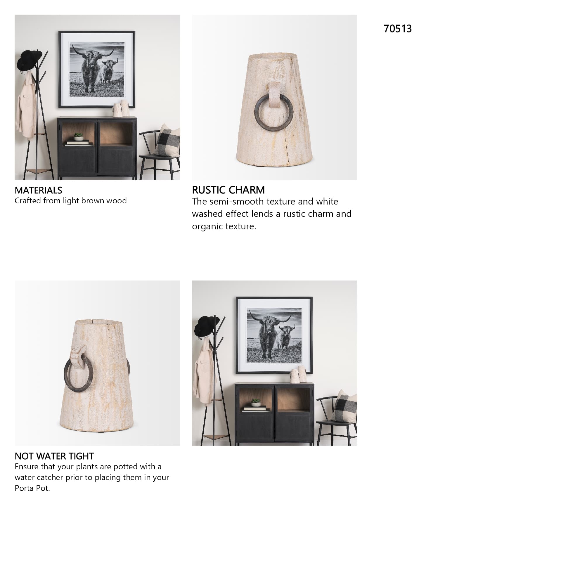 Monique Small Light Brown w/ Handles Wood Pot — in a styled room