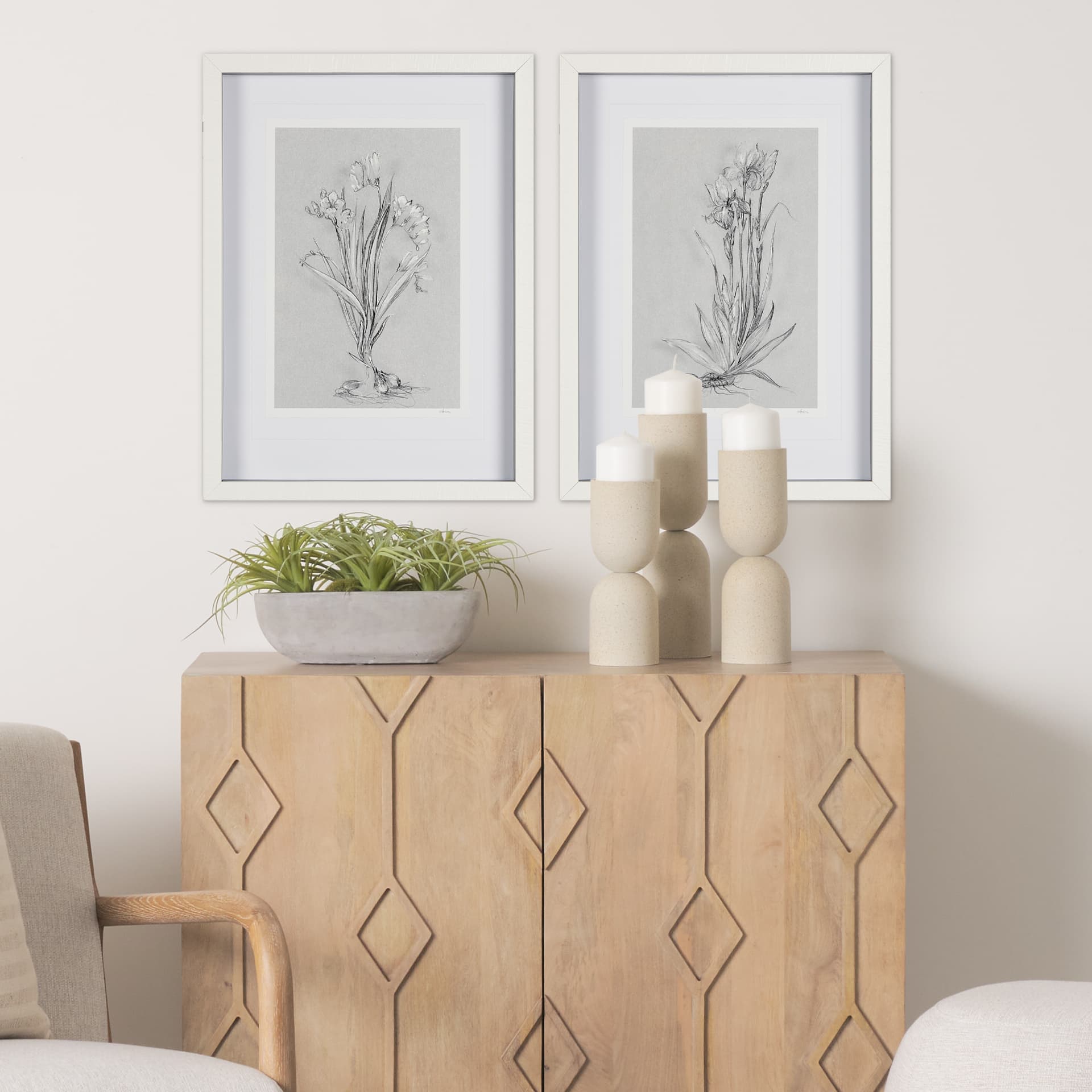 Botanical sketches IV (Grey) by Mercana Studio Hand Embellished Framed Art Print Matted under Glass — in a styled room
