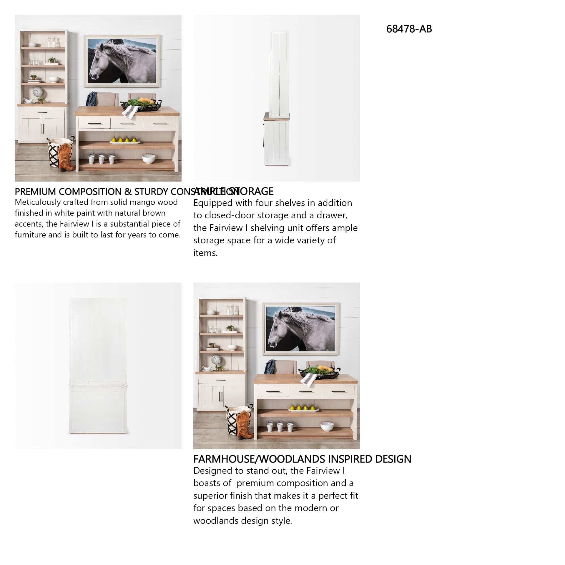 Fairview I White and Medium Brown Wood Three Shelf Shelving Unit — in a styled room
