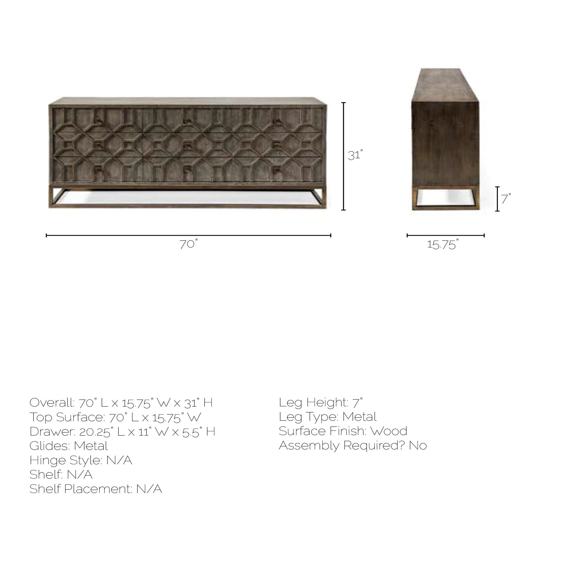 Genevieve II 70x15.8 Gray Fir Veneer W/Gold Metal Frame Base 9 Drawer Sideboard — product photograph
