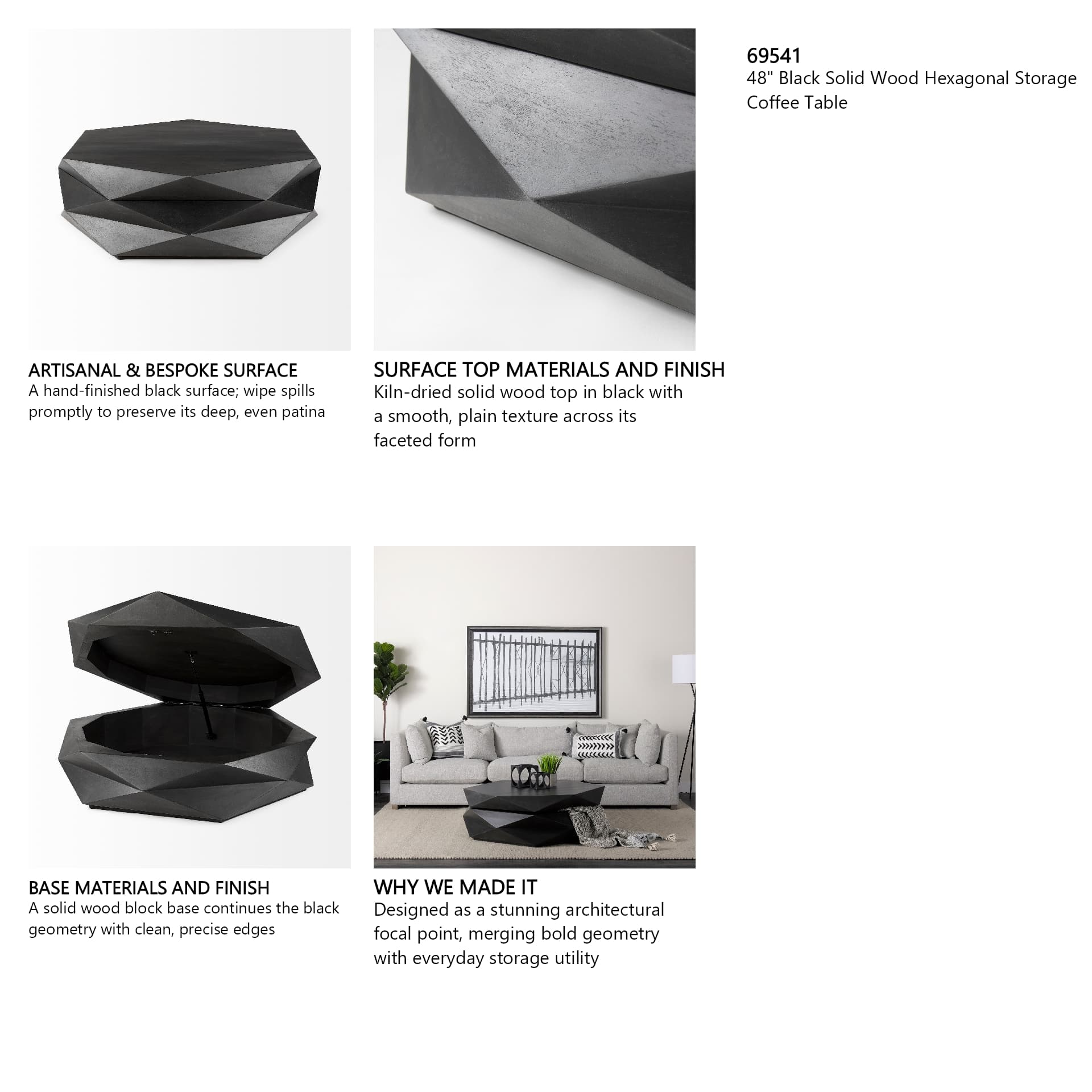 Arreto 48" Black Solid Wood Hexagonal Storage Coffee Table — in a styled room