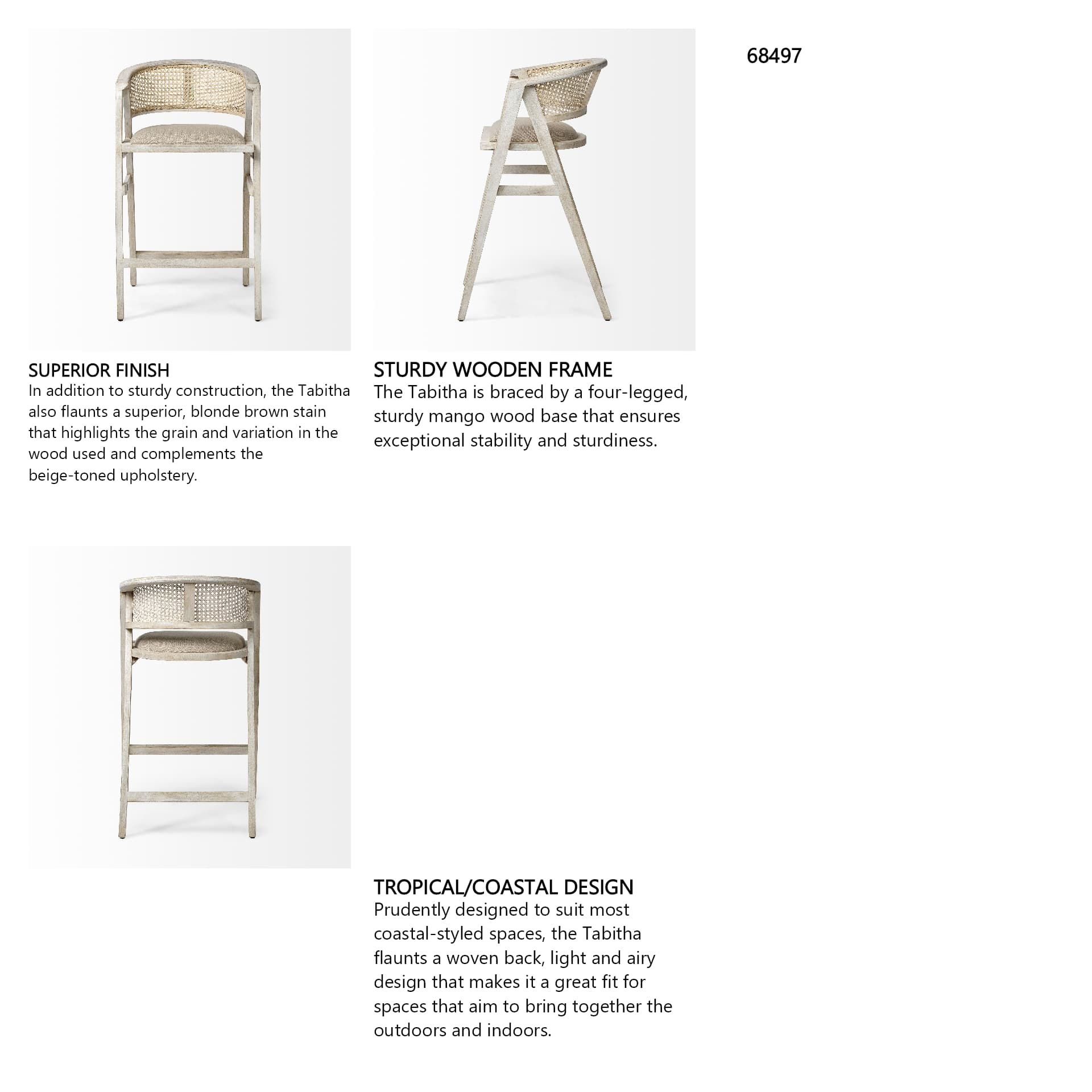 Tabitha Low Back 30.75in Seat Bar Stool | Beige Fabric w/ Blonde Wood — product photograph