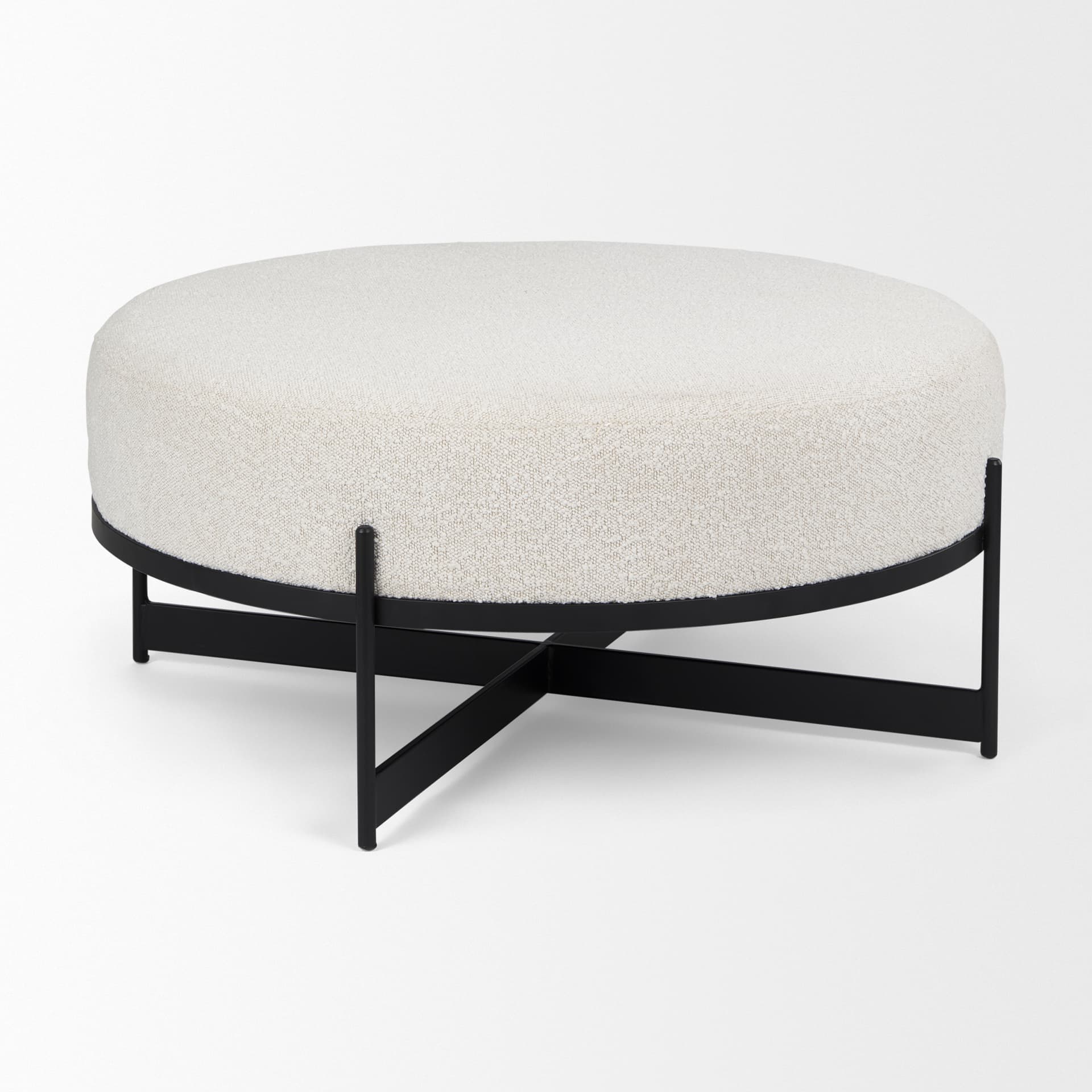 Amelia 35.8L x 35.8W x 17.5H Cream Boucle W/Black Metal Upholstered Ottoman — product photograph