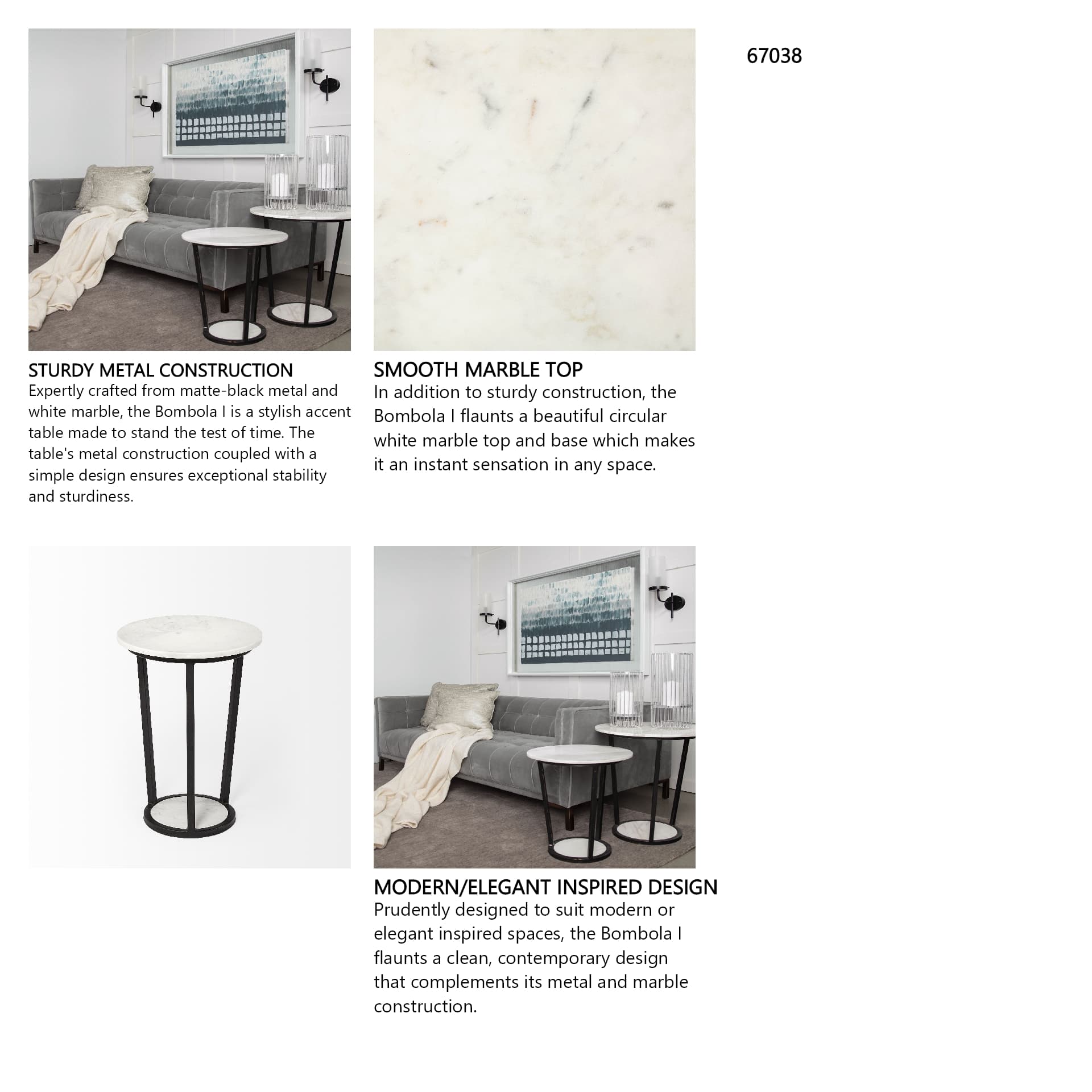Bombola I (Small) 15L x 15W White Round Marble Top W/Black Metal Frame Accent Table — in a styled room