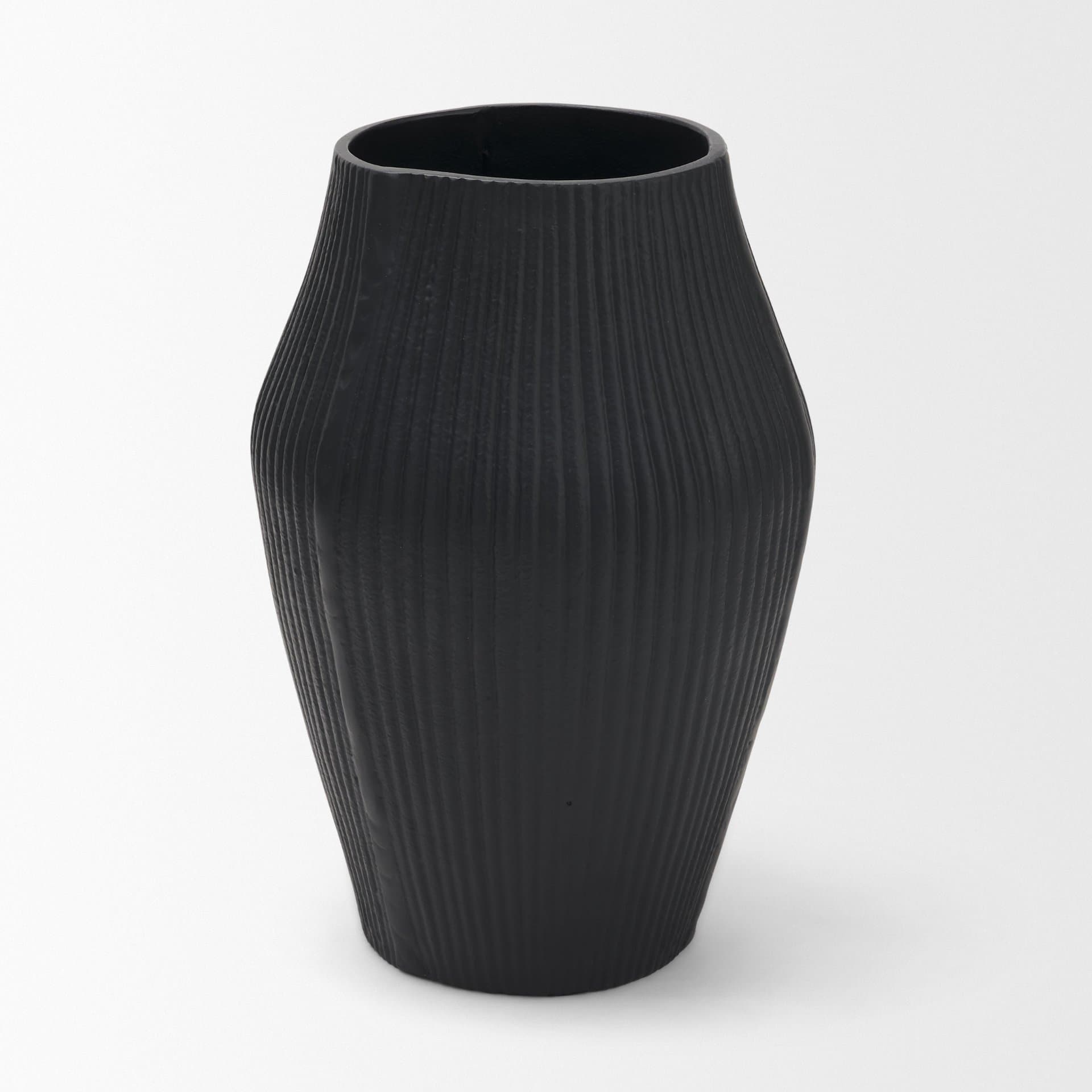Patine Wide Matte Black Metal Fluted Decorative Vase — product photograph