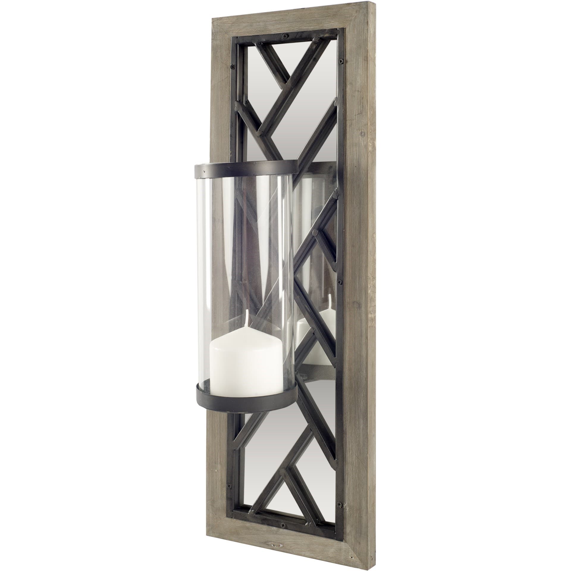 Benji 24"H Brown Wood Frame Black Metal Accent Mirrored Wall Candle Holder — product photograph