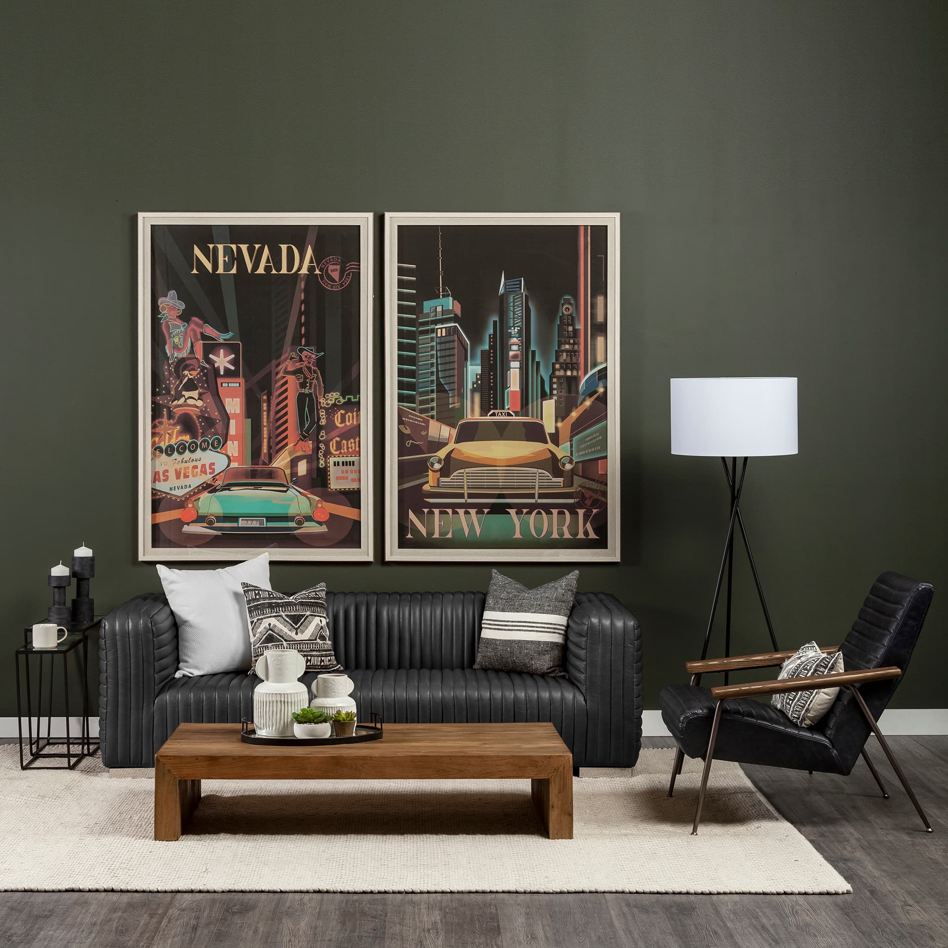 Ricciardo 82.5W Black Leather Wrapped Three Seater Sofa — in a styled room