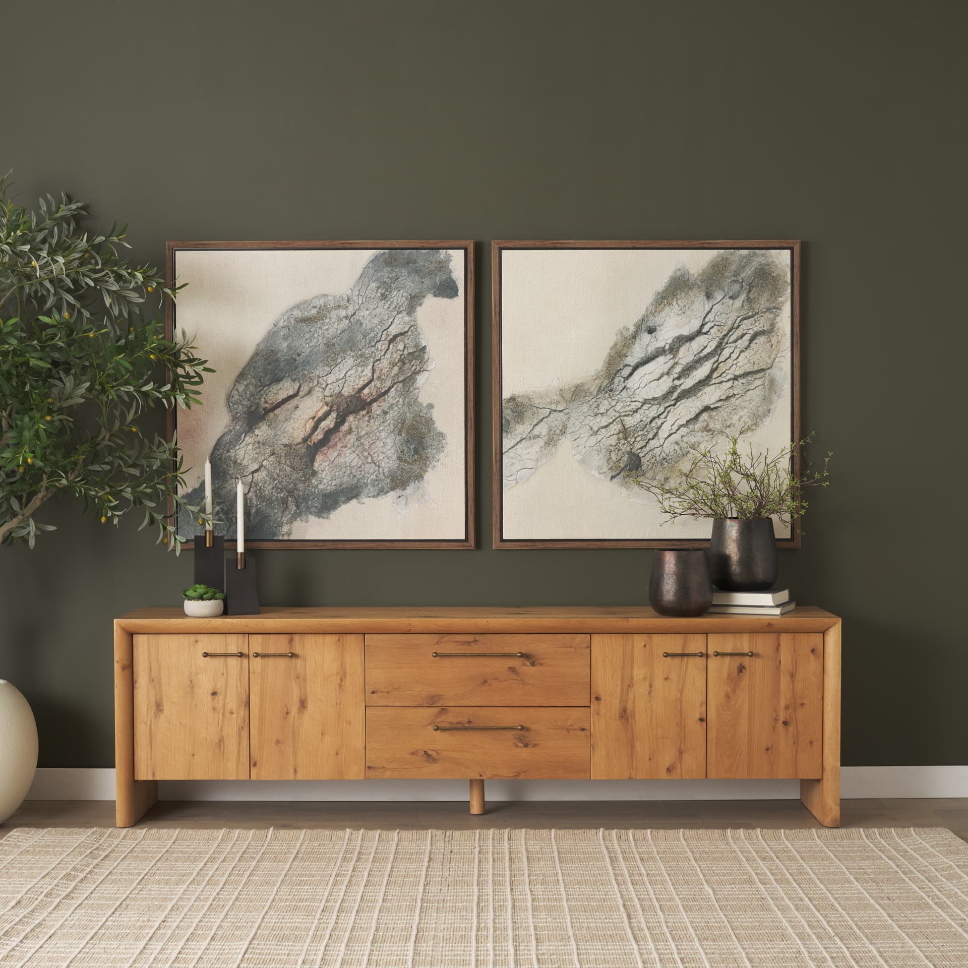 Belford 94" Light Brown Oak Wood Media Console — in a styled room