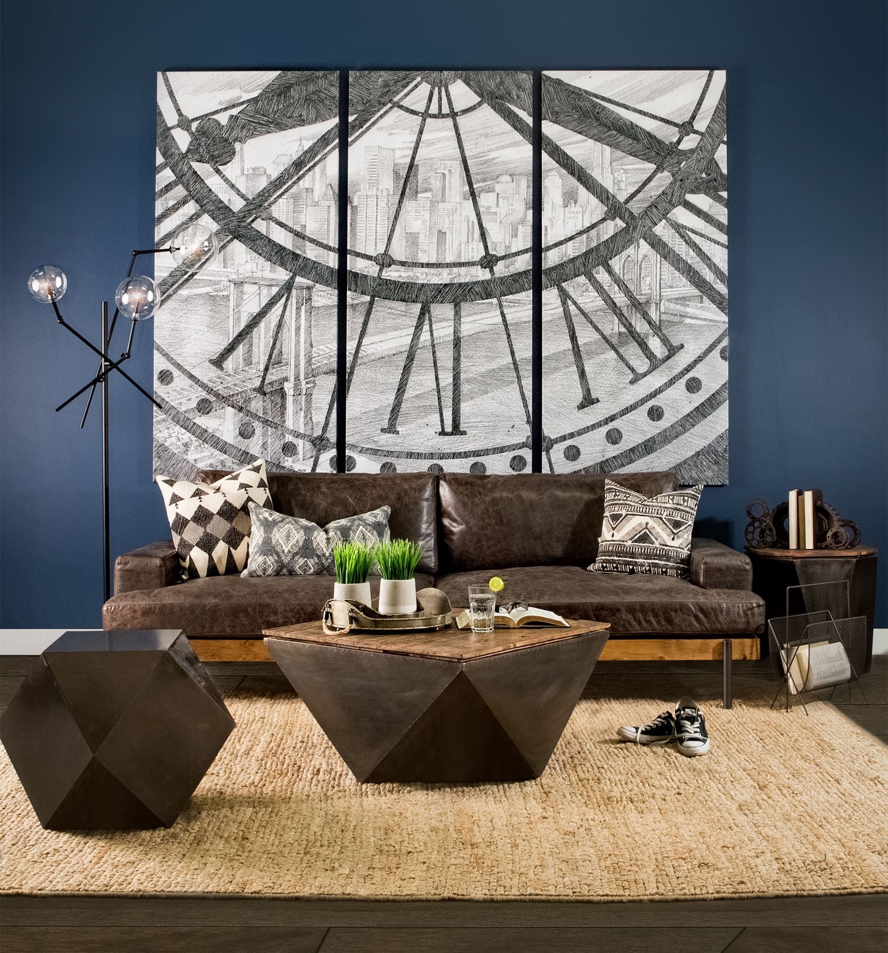Esagono Octagonal Black Metal-Clad Reclaimed Wood End/Side Table w/ Storage — in a styled room