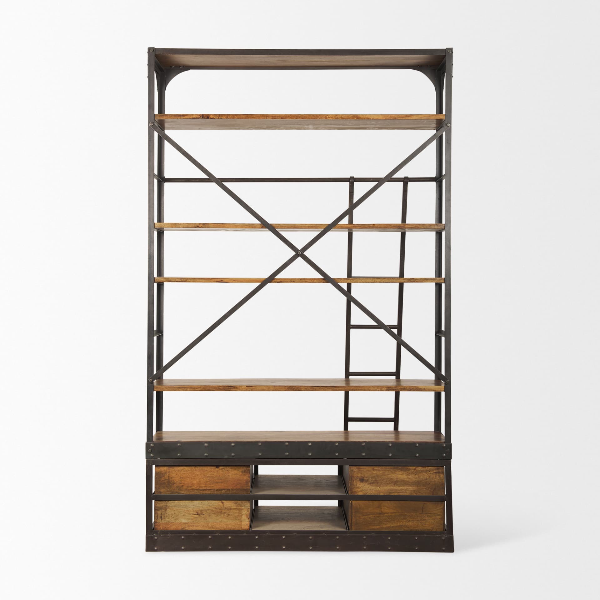 Brodie II Medium Brown Wood Black Ladder Four Shelf Shelving Unit 57L x 20.5W x94H — product photograph