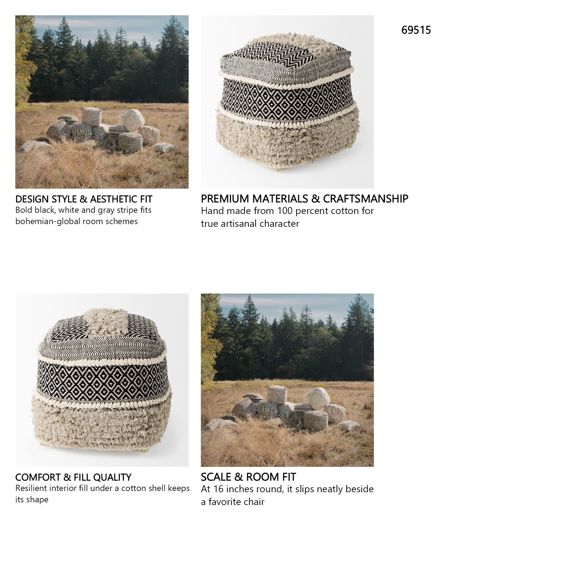 Darika 16.0L x 16.0W x 16.0H Black/White/Gray Cotton Pouf — in a styled room