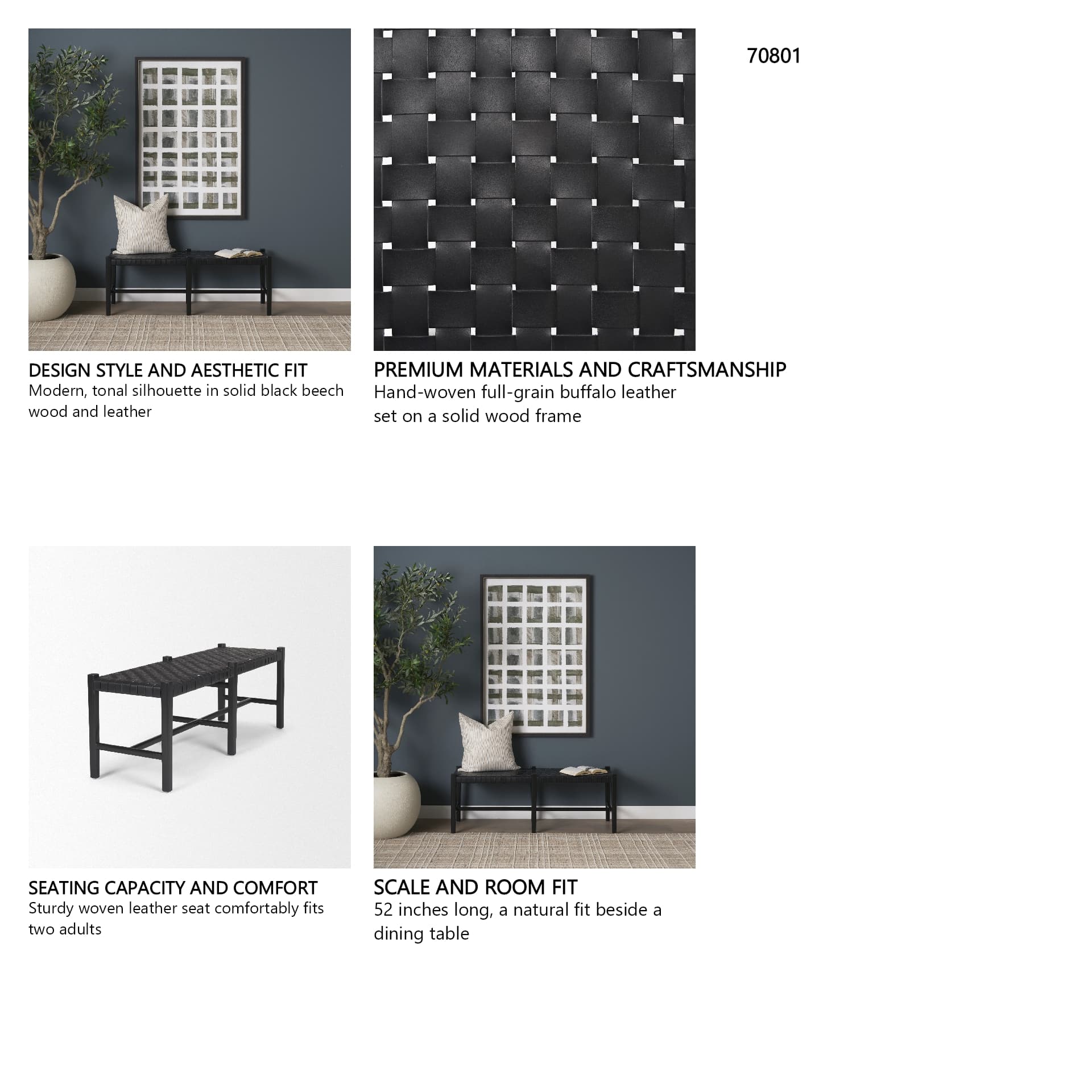 Shane Black Wood w/ Woven Black Leather Bench — in a styled room