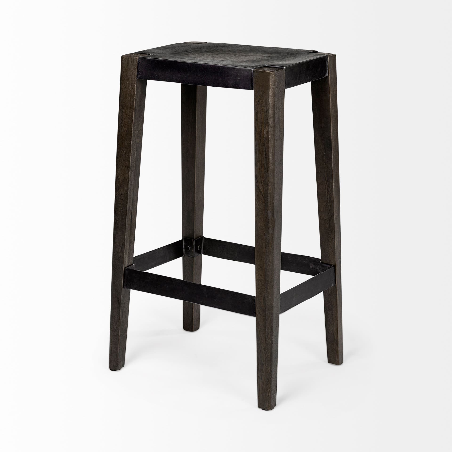 Nell Backless 30in Seat Bar Stool | Black Metal w/ Dark Brown Wood — product photograph
