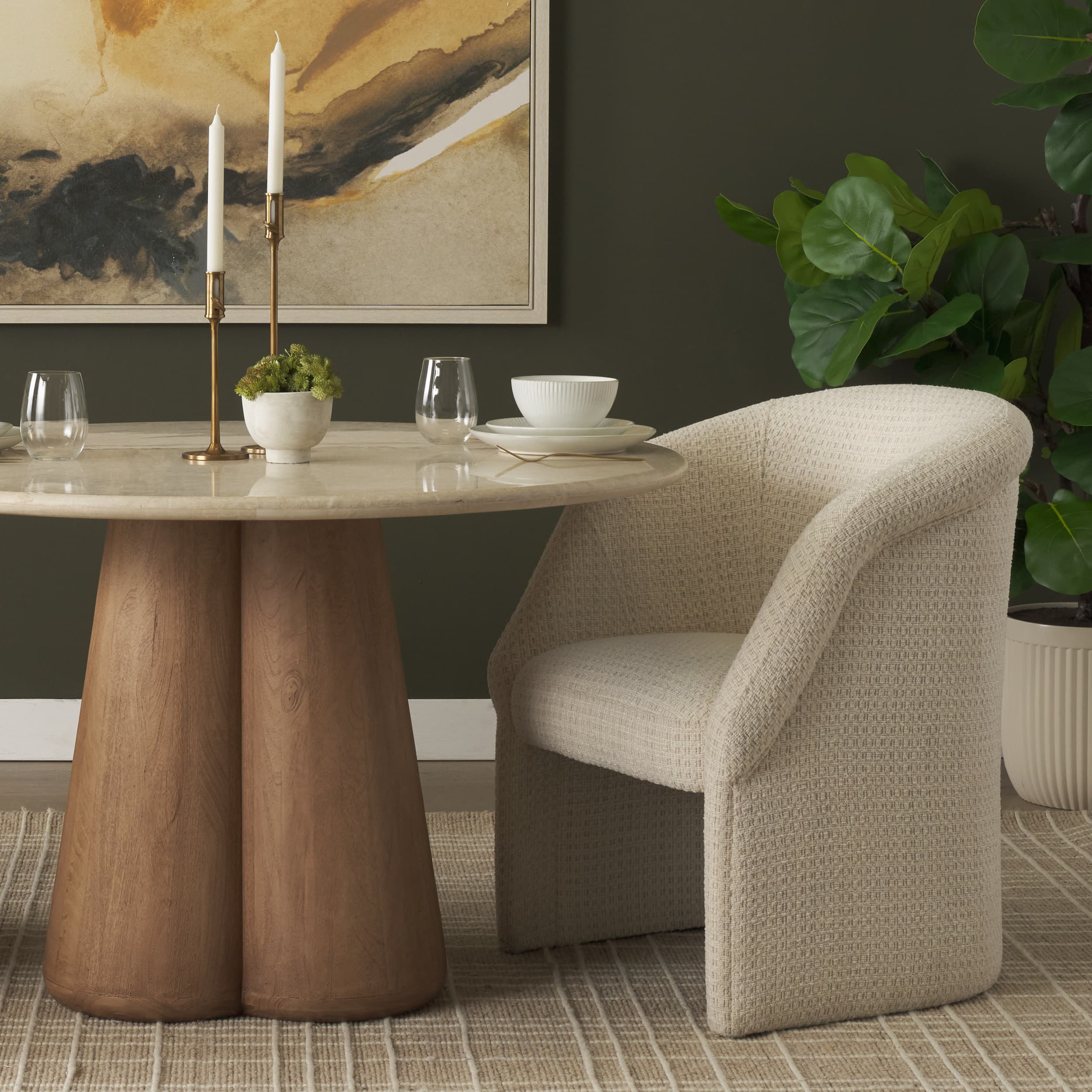 Curtis Barrel Back Dining Arm Chair | Cream Fabric w/ Tapered Wood — product photograph