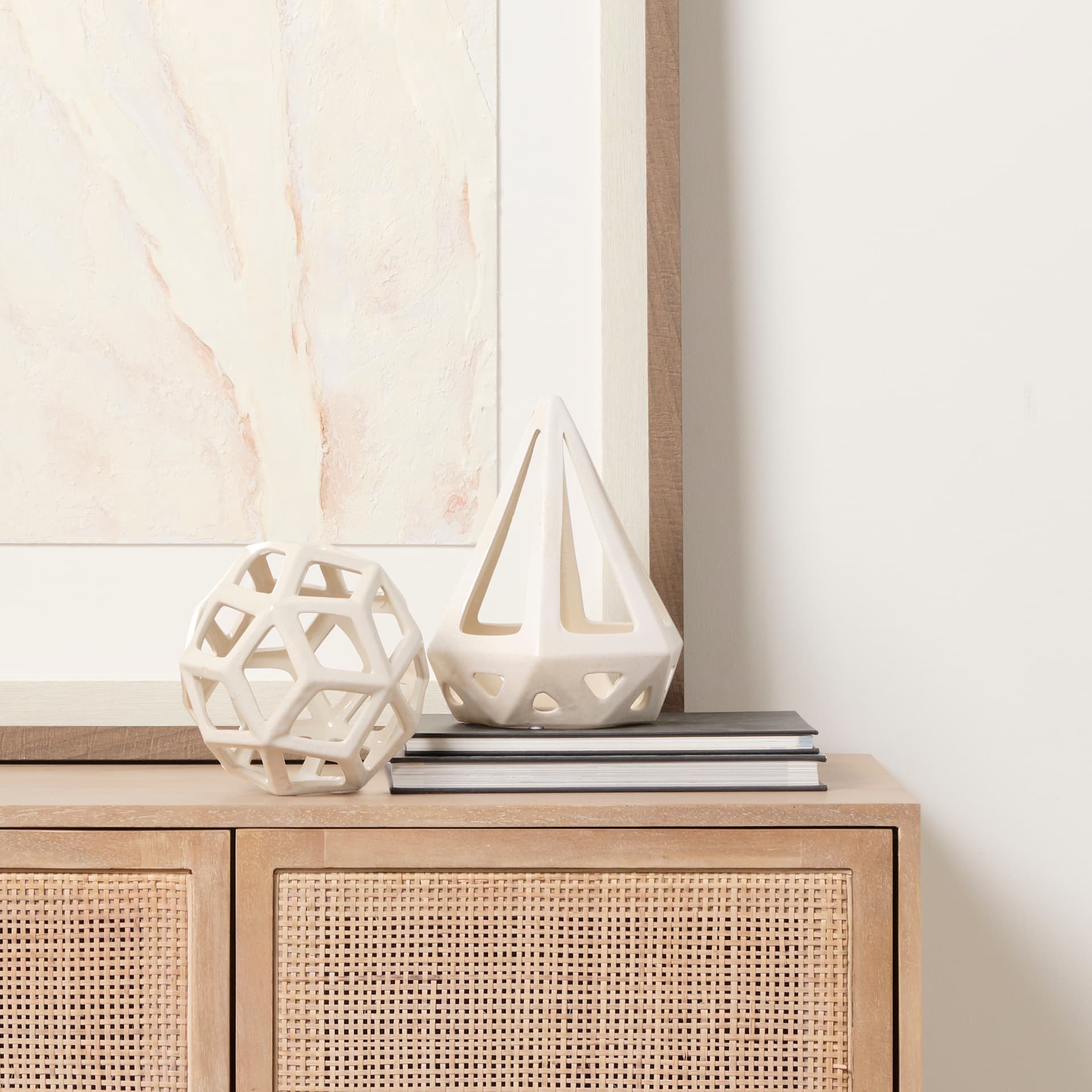 Geom 7.1L x 7.1W x 7.1H White Ceramic Geometric Object — in a styled room