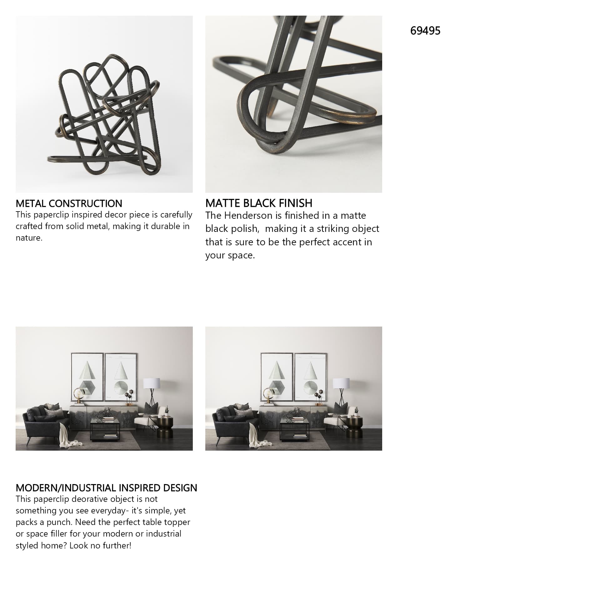 Henderson 10.4L x 8.3W x 7.7H Black Metal Paperclip Decorative Object — in a styled room