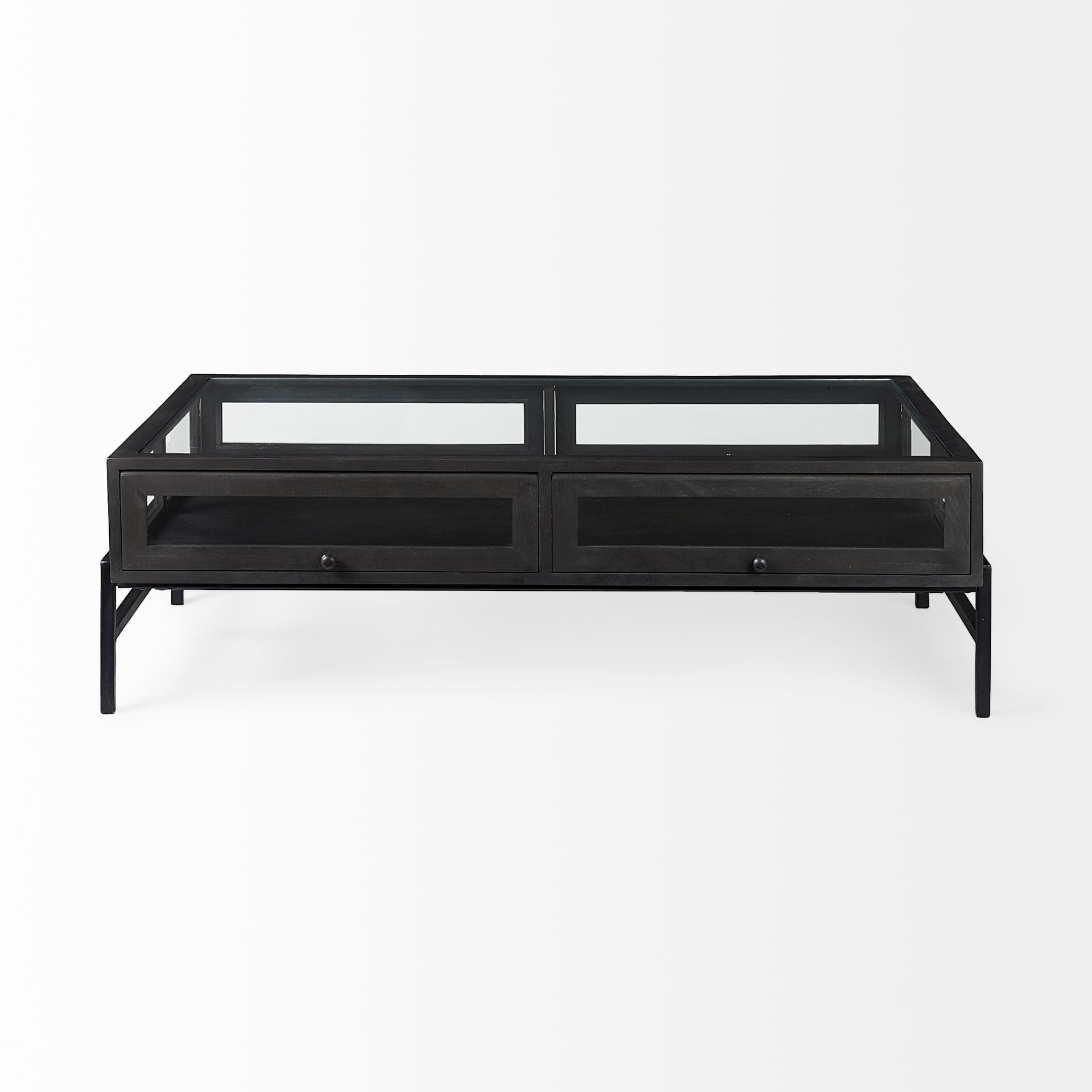 Arelius 49.5"L Rectangular Glass-Top Black-Brown Wood w/ Black Metal Base Display Coffee Table — product photograph