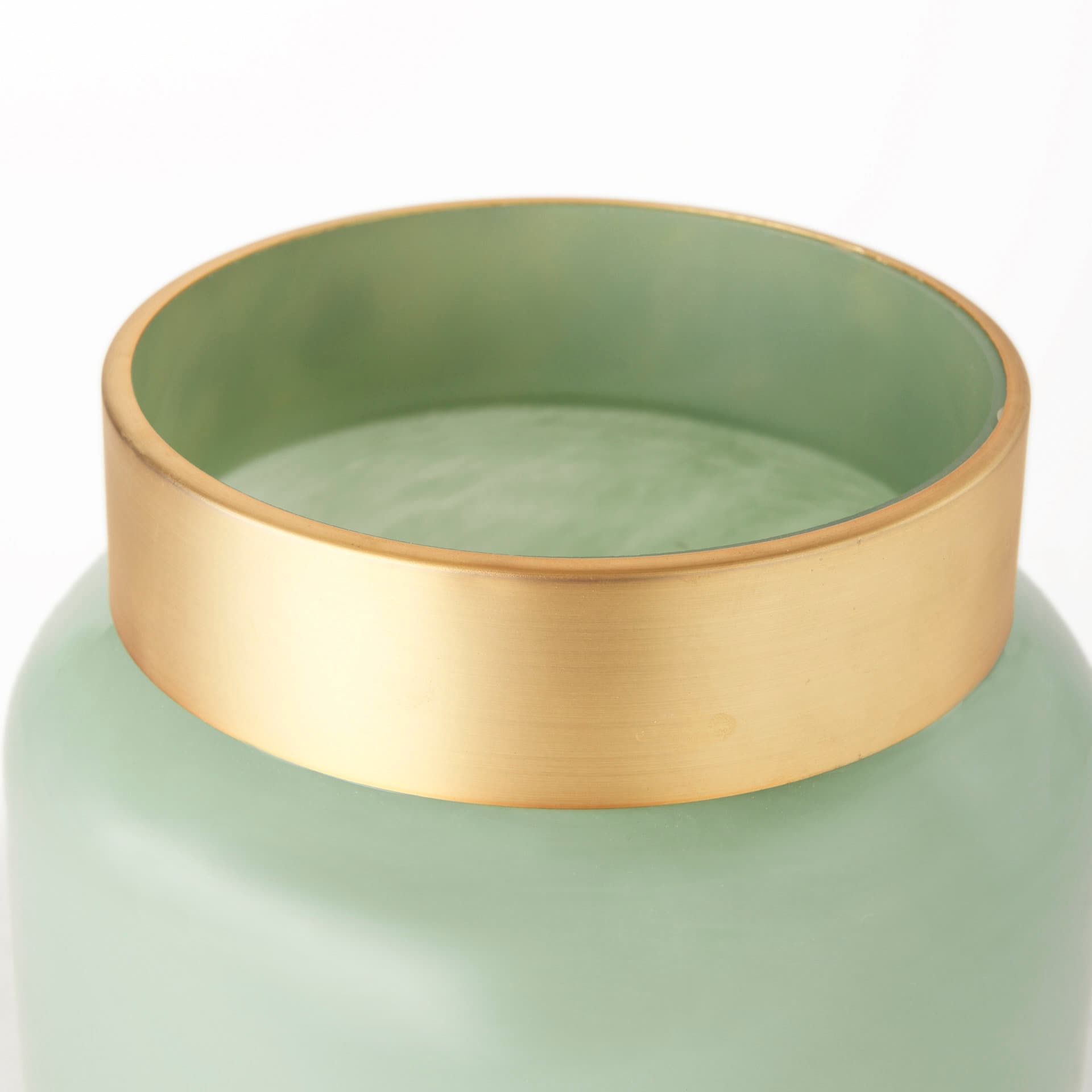 Minty 9.9L x 9.9W x 9.6H Green Glass Vase W/Matte Gold Metal Neck Cuff — product photograph