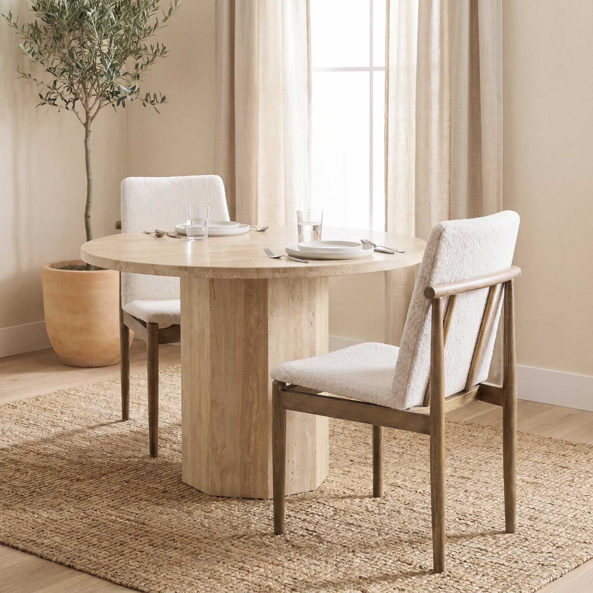 Cavett Curved Back Dining Side Chair | Cream Boucle w/ Wood — product photograph